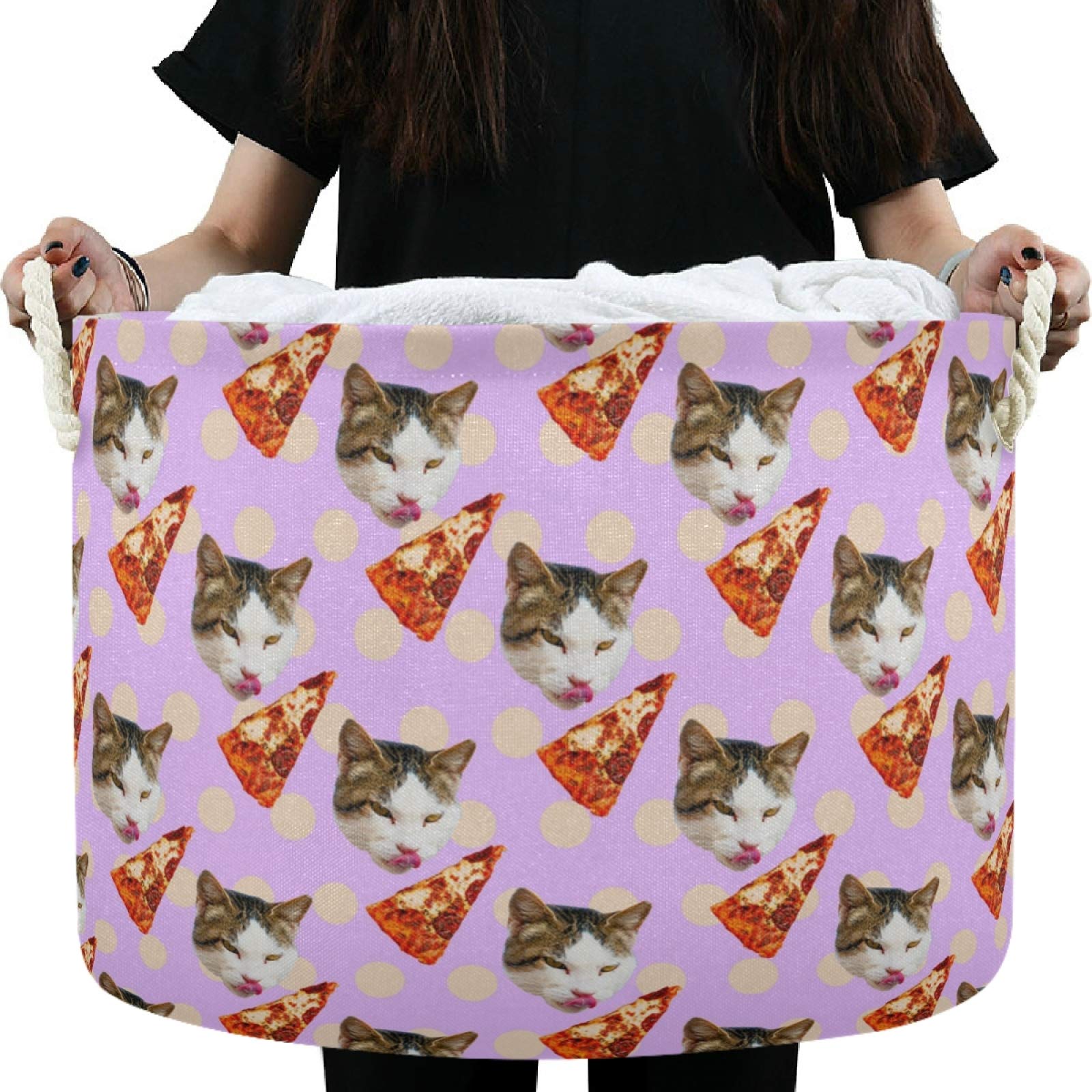 Visesunny Cat-Themed Pizza Storage Basket - Canvas Fabric Toy Organizer Bin for Kids Room, Playroom, Shelves - Perfect for Toy Storage, Laundry & Gift Baskets (Ideal for Birthday Gifts & Nursery Organization)
