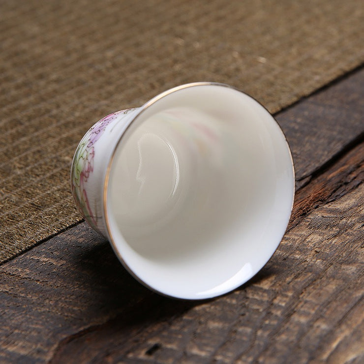 Premium White Porcelain Tea Tasting Cups - 70ml Blooming Flowers Design with Gold Detailing & Decal - Handcrafted in Dehua, Fujian China - Perfect for Gongfu Tea Ceremony, Tea Tasting & Home Decor