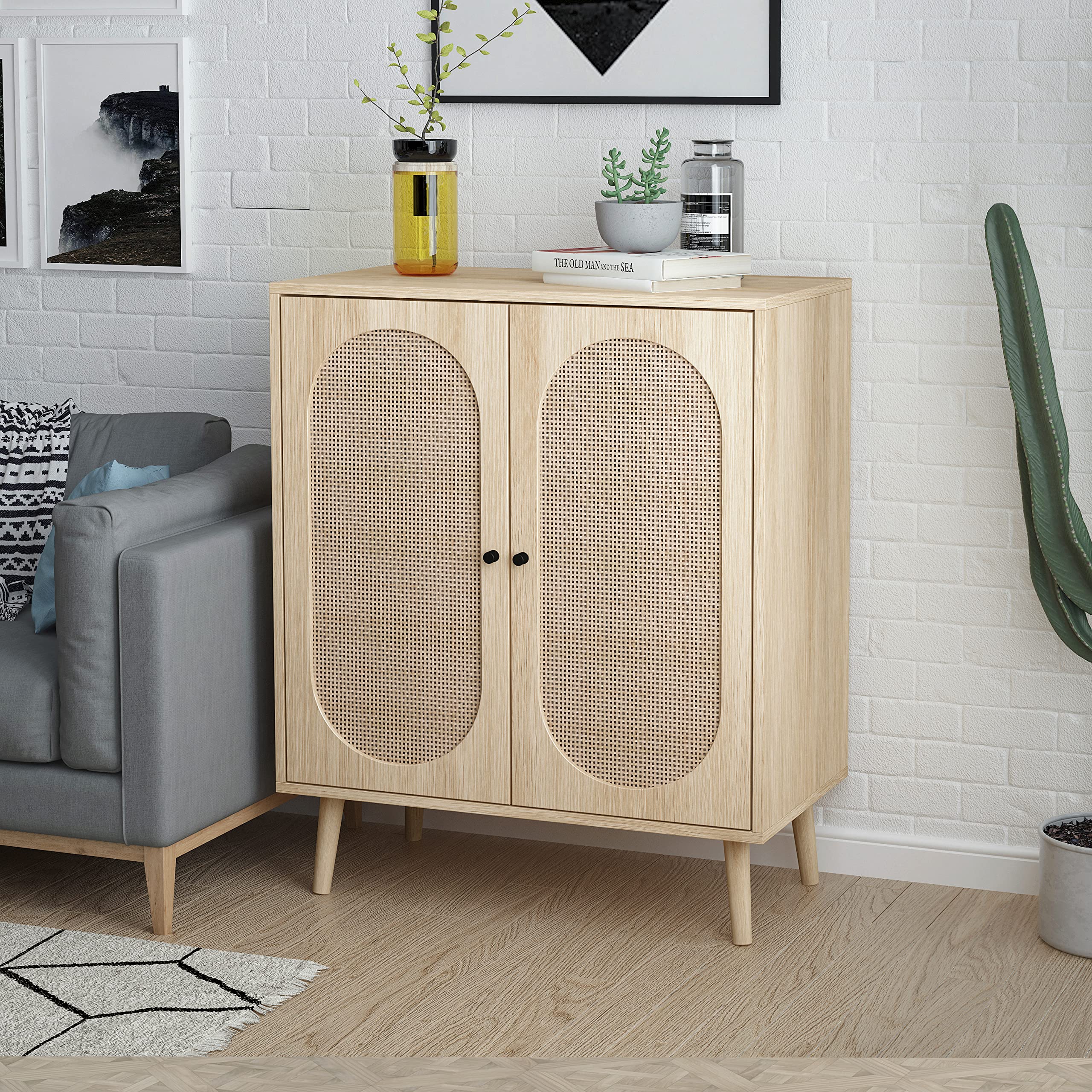 Rattan 2-Door Buffet Sideboard Cabinet with 2 Adjustable Shelves - Freestanding Console Table for Entryway, Kitchen & Dining Room - Natural Woven Accent Storage Furniture for Home Decor
