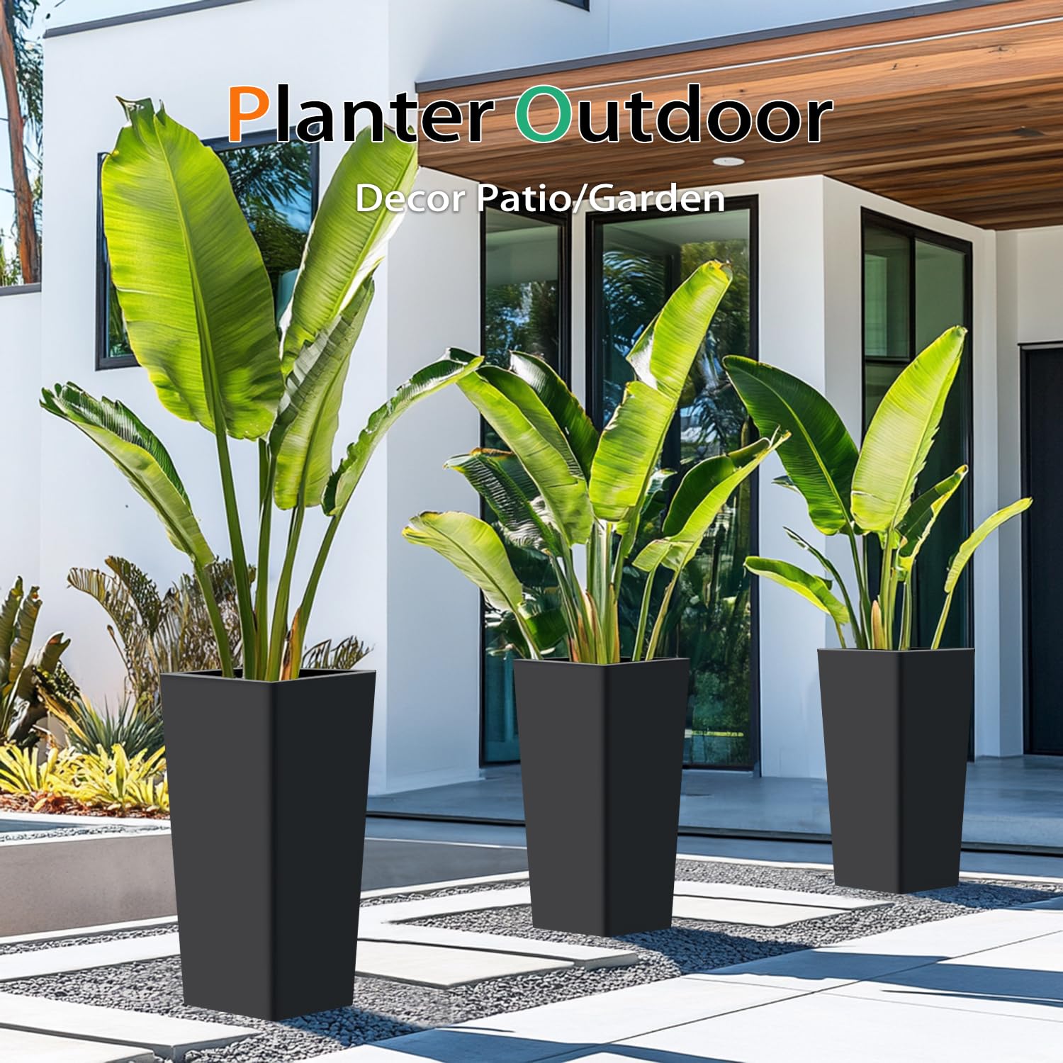 Large 27.5 Inch Tall Resin Planter Pots for Outdoor & Indoor Plants - 2 Pack Black Flower Pots for Trees, Plants & Home Garden Decor - Perfect for Patio, Living Room & Office Spaces