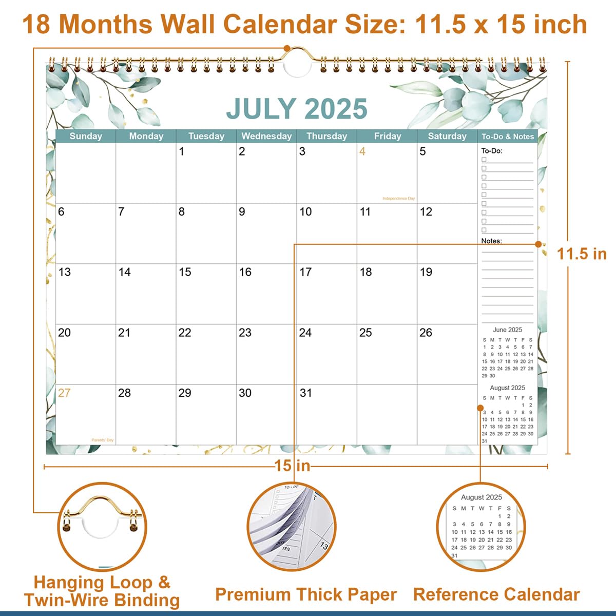 2025-2026 18-Month Wall Calendar (July 2025-December 2026) - Premium Paper, Twin-Wire Binding with Hanging Hook, 12