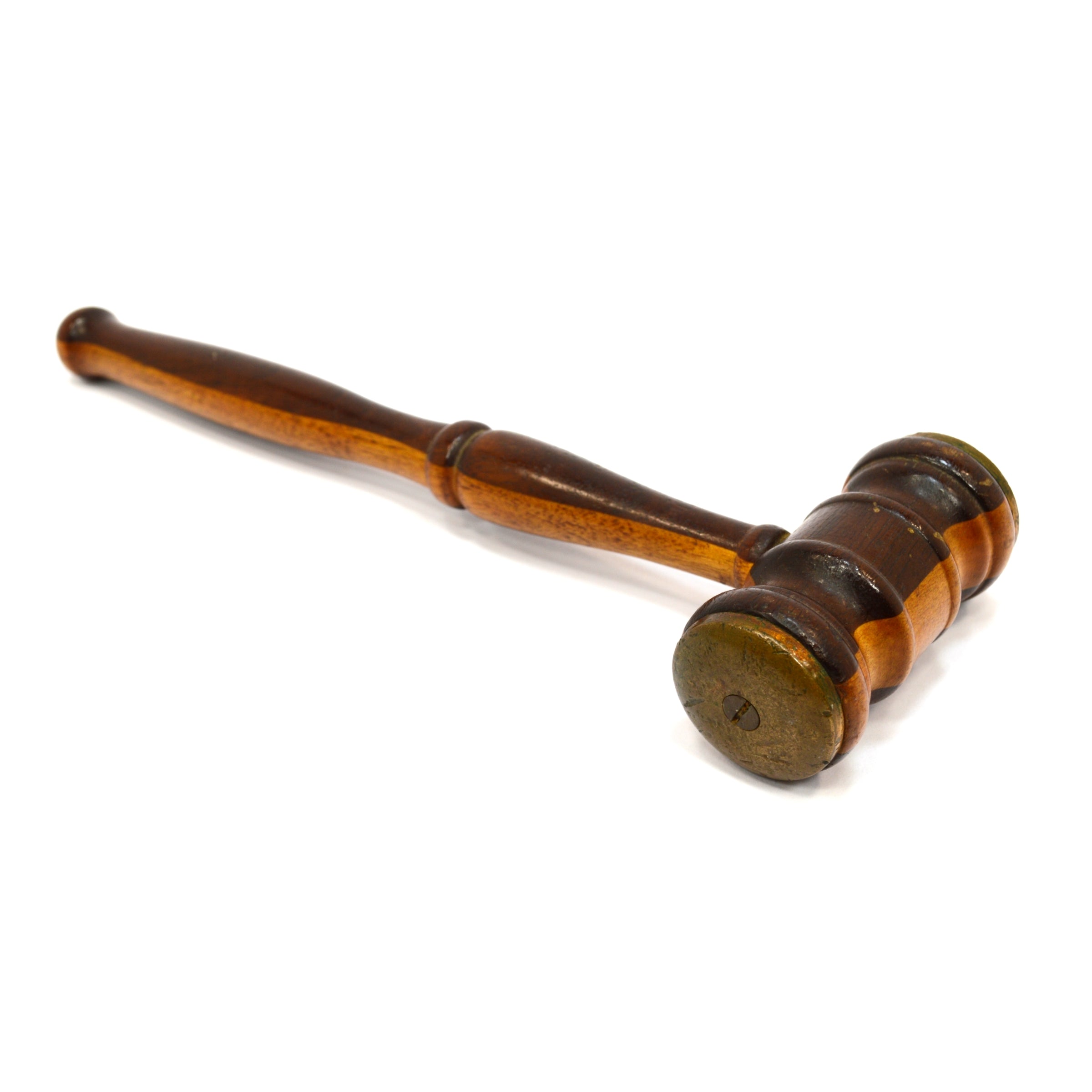 Antique 2-Tone Turned Hardwood Gavel - Mahogany & Oak with Brass Face Plates | Beautiful Courtroom & Auction Hammer for Judges, Collectors & Legal Professionals