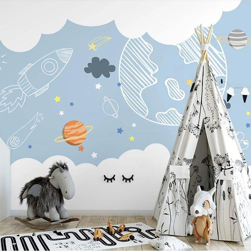 Space Adventure Sketch Nursery Wallpaper - Galaxy Themed Kids Room Decor for Boys & Girls - Perfect for Bedrooms, Playrooms & Daycares