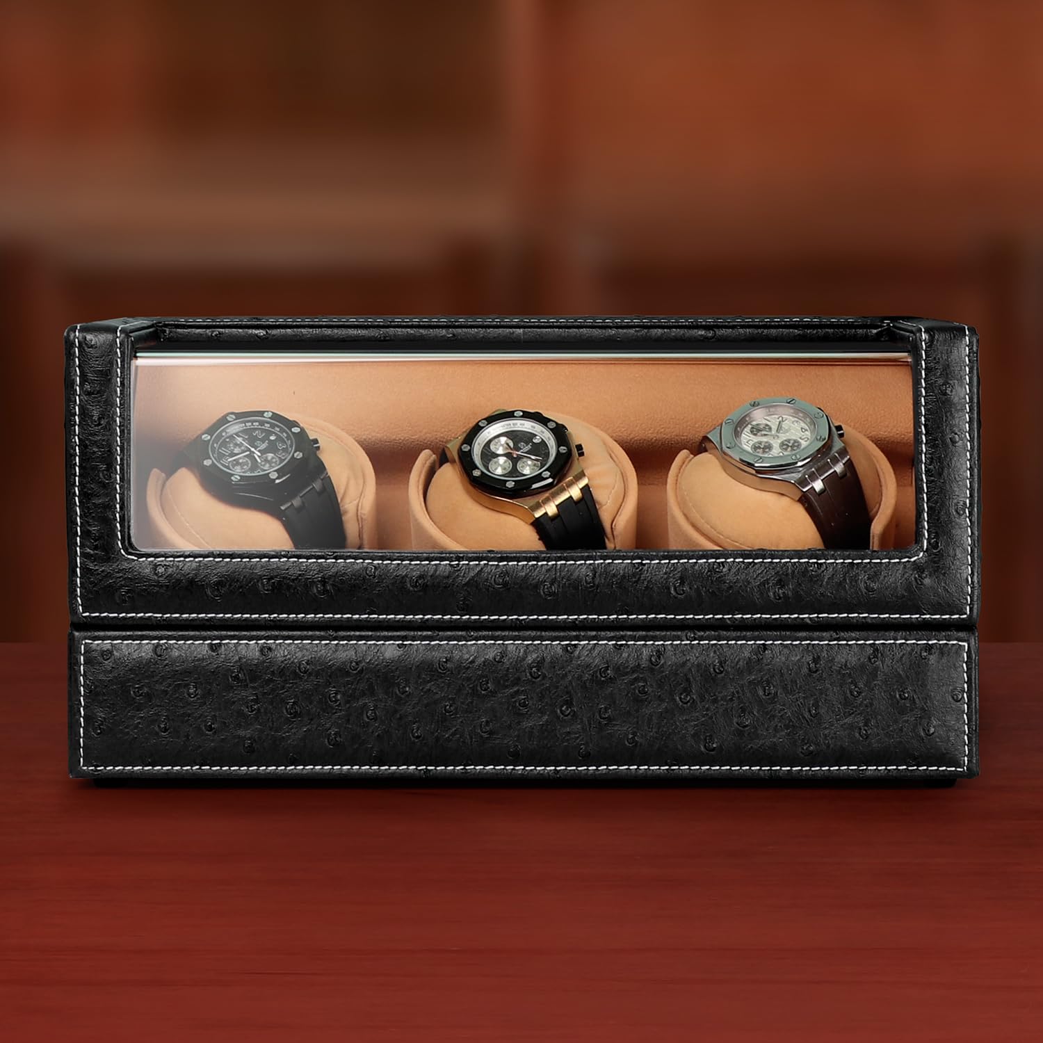 Premium Automatic Watch Winder for Rolex & Luxury Watches - Silent Motor, Black Ostrich Leather Case with Velvet Pillows | Perfect for Watch Collection Display, Travel & Safe Storage