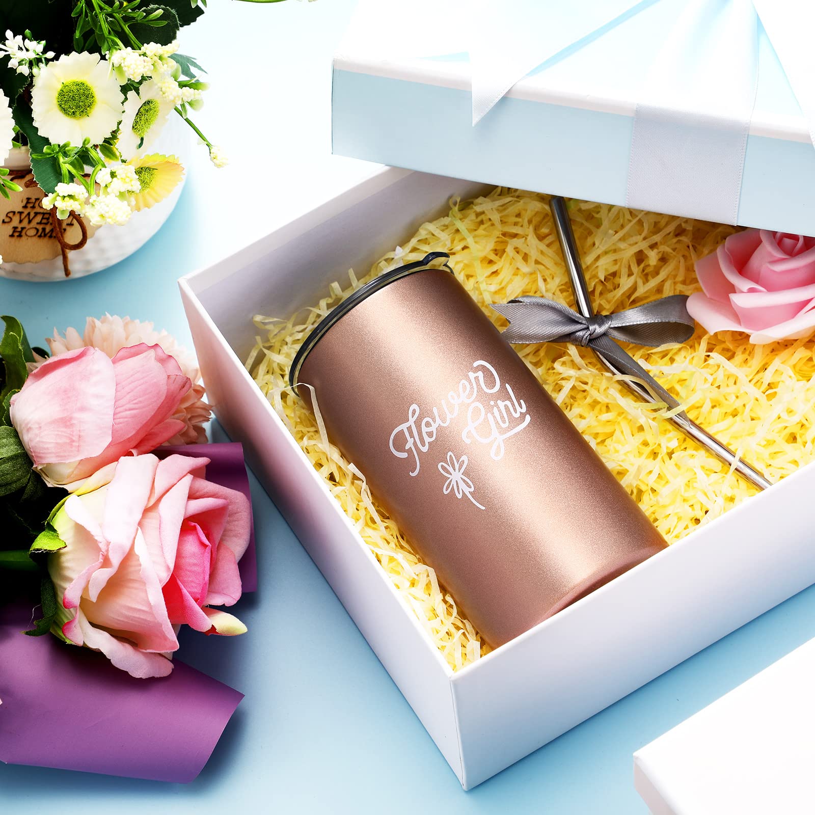 Rose Gold Flower Girl Tumbler with Straw - Wedding Proposal Gift for Bride & Valentine Party