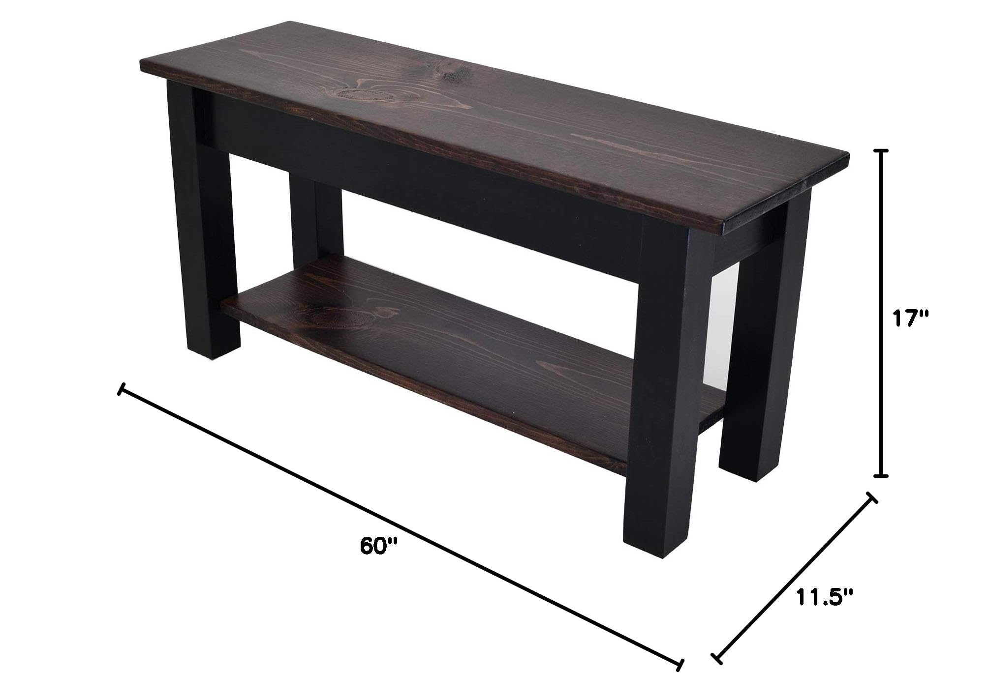 60-Inch Red Mahogany & Black Wooden Bench with Storage Shelf - Entryway Seating, Hallway Decor, Living Room Furniture