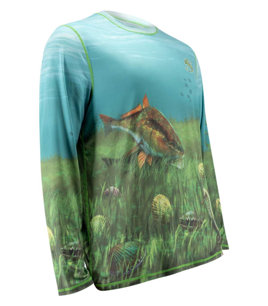 Men's Reversible UPF 50+ Fishing Shirt - Quick Dry Performance Shirt for Snorkeling, Boating & Outdoor Activities | Salty Scales Scallop Design