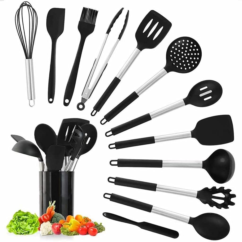 WEIXINYU 13-Piece Silicone Kitchen Utensil Set with Storage Holder - Heat Resistant Non-Stick Cooking Tools with Stainless Steel Handles (Turner, Spatula, Spoon, Tongs) BPA Free - Perfect for Baking, Frying & Everyday Cooking (Black)