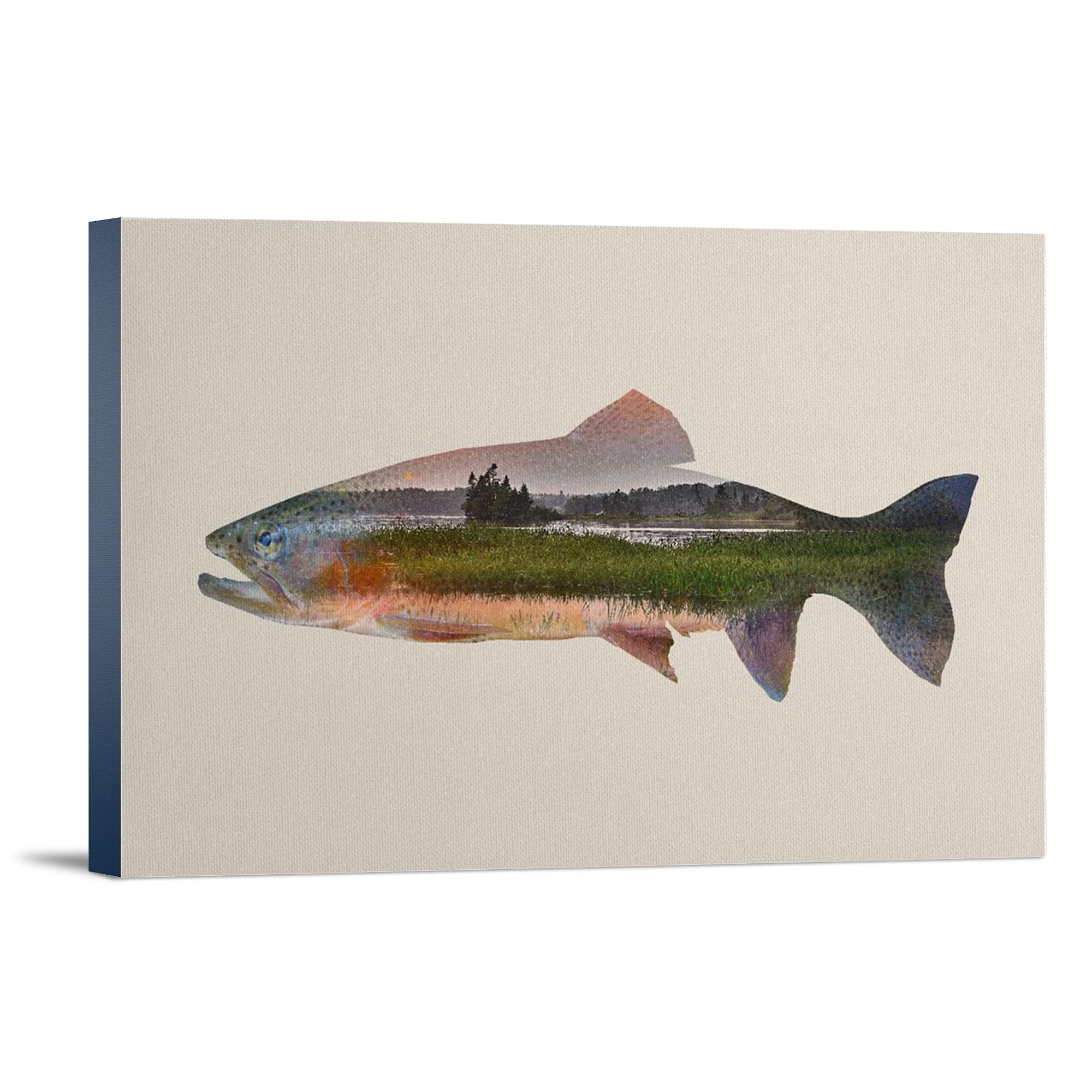 Lantern Press Trout Double Exposure 16x24 Wrapped Canvas Wall Art - Nature Inspired Home Decor for Living Room, Bedroom & Office