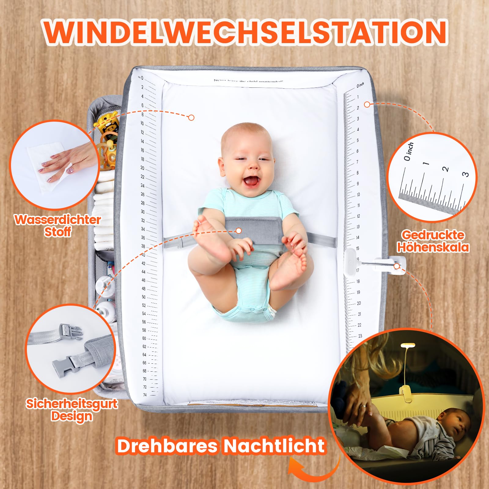 Portable Baby Changing Table with Drawers & Night Light - Adjustable Height, Foldable Design with Safety Strap - Spacious Storage for Nursery, Gray - Perfect for Diaper Changes & Late-Night Care