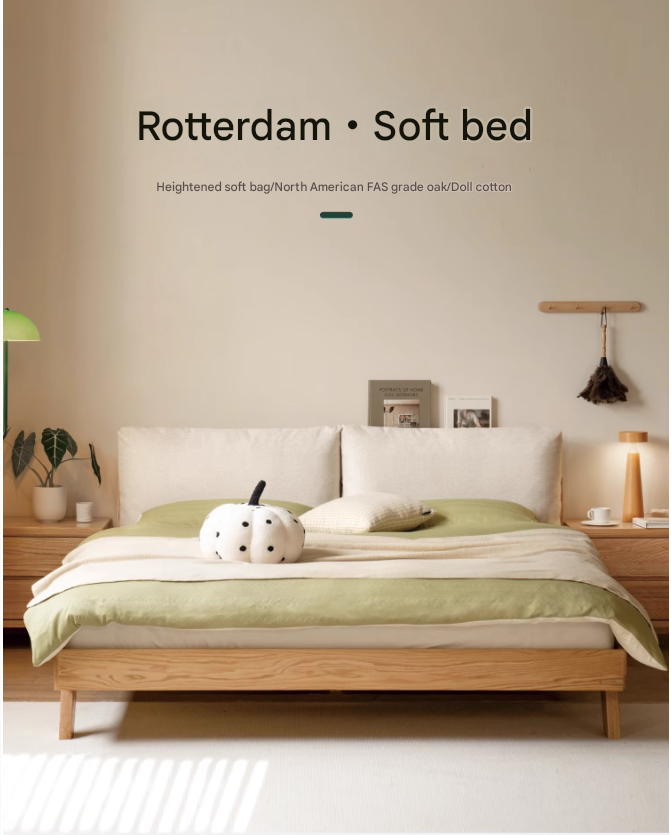 Solid Oak Wood Soft Bed Frame - Queen Size, Sturdy & Comfortable for Master Bedroom or Guest Room