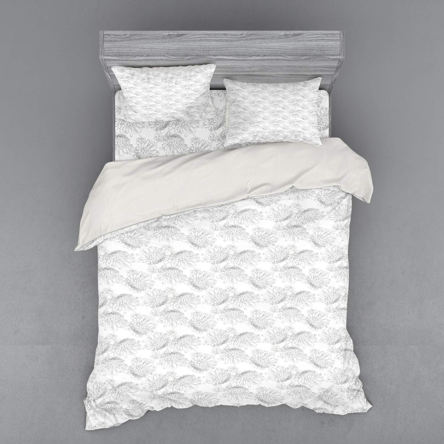 Ambesonne Floral Duvet Cover Set - Hand-Drawn Chrysanthemum Flowers Design, 4-Piece Queen Size Bedding Set with Shams & Fitted Sheet in Dimgray & White | Perfect for Boho Bedroom Decor, Guest Room Makeover & Cozy Home Styling