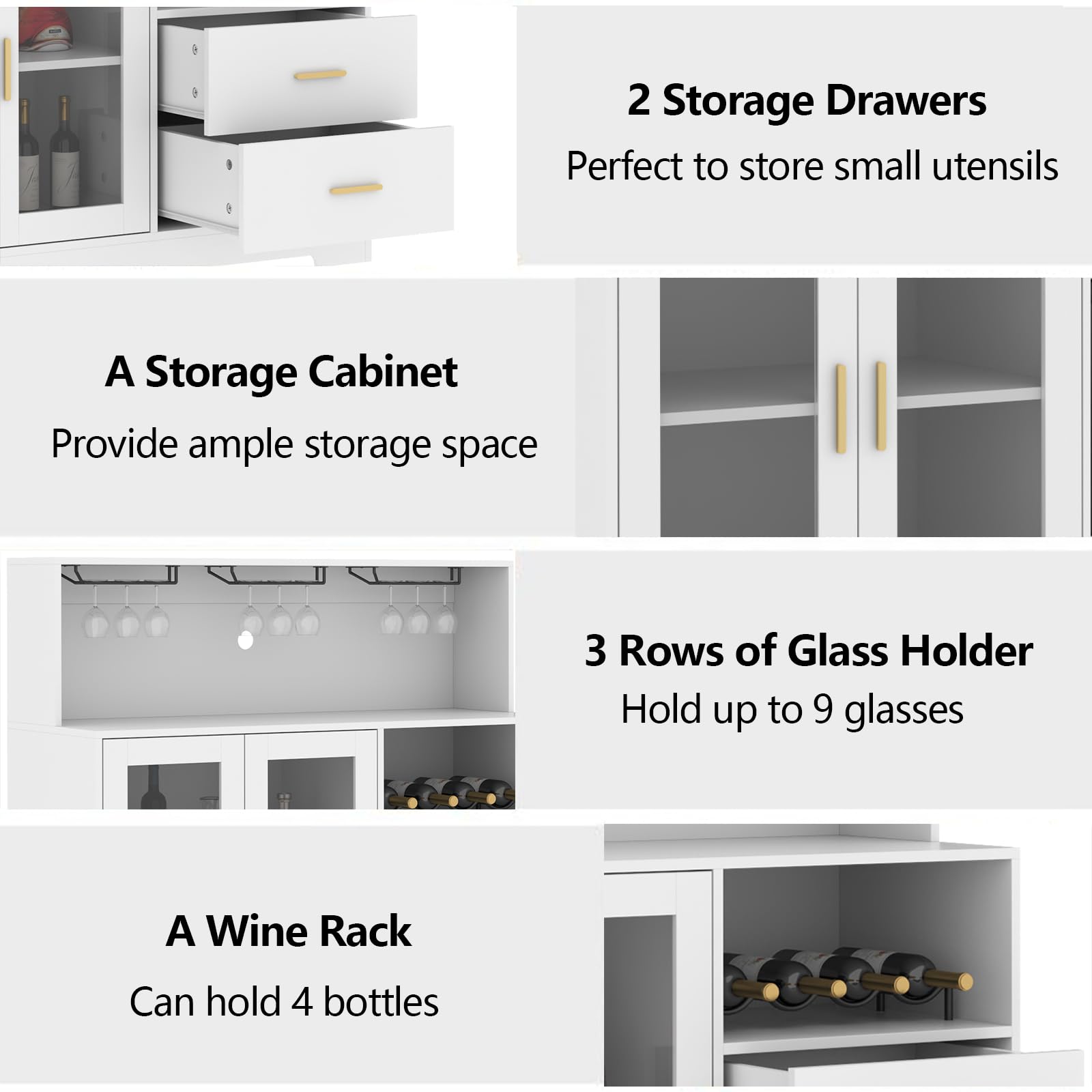 Modern White Wine Bar Cabinet with LED Lighting - Kitchen Buffet Sideboard with Wine & Glass Rack, Storage Cabinet & Drawers - Perfect for Living Room, Dining Room & Home Bar Setup