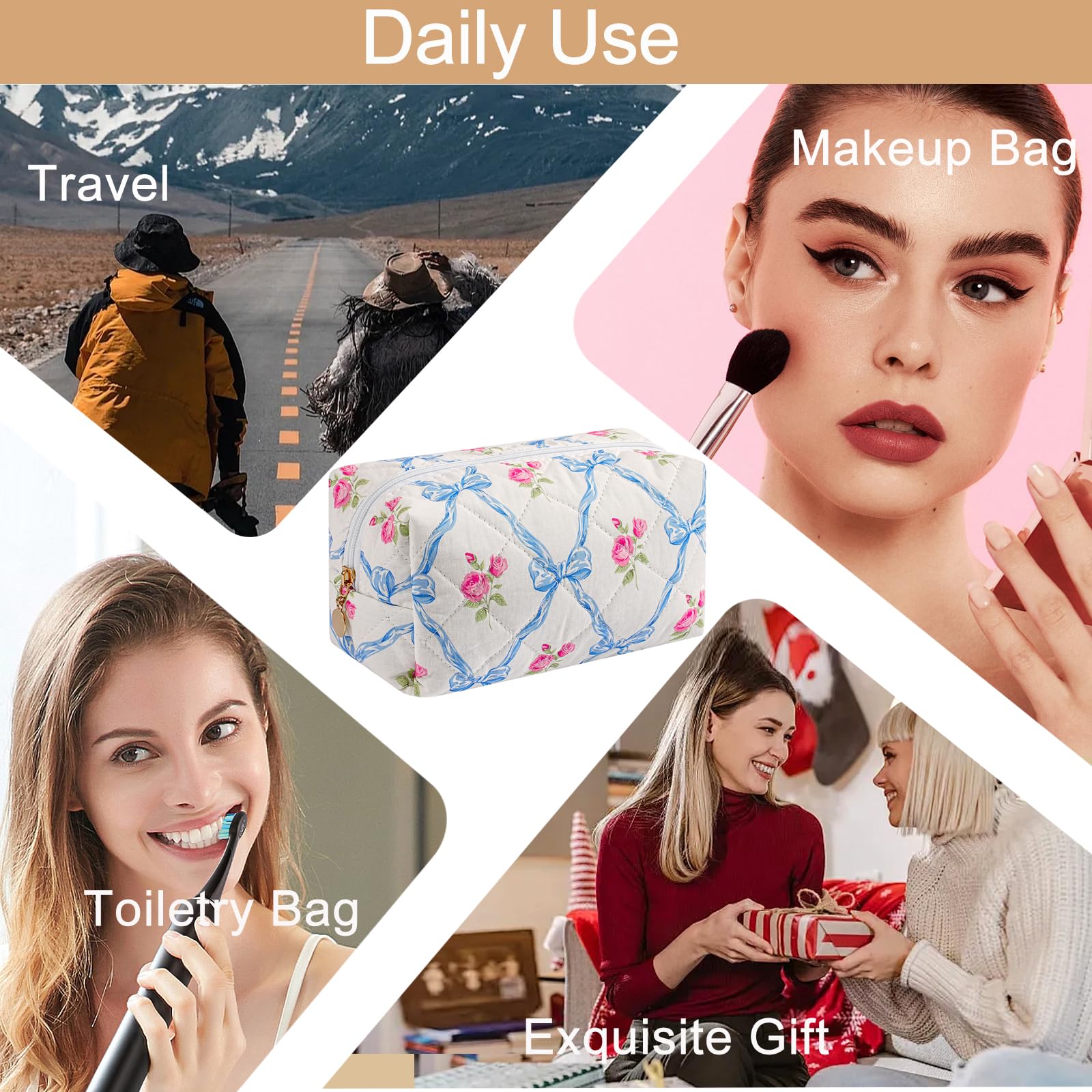 Quilted Cotton Makeup Bag with Bow - Travel Cosmetic Organizer for Women | Portable Toiletry Pouch for Girls (Blue)