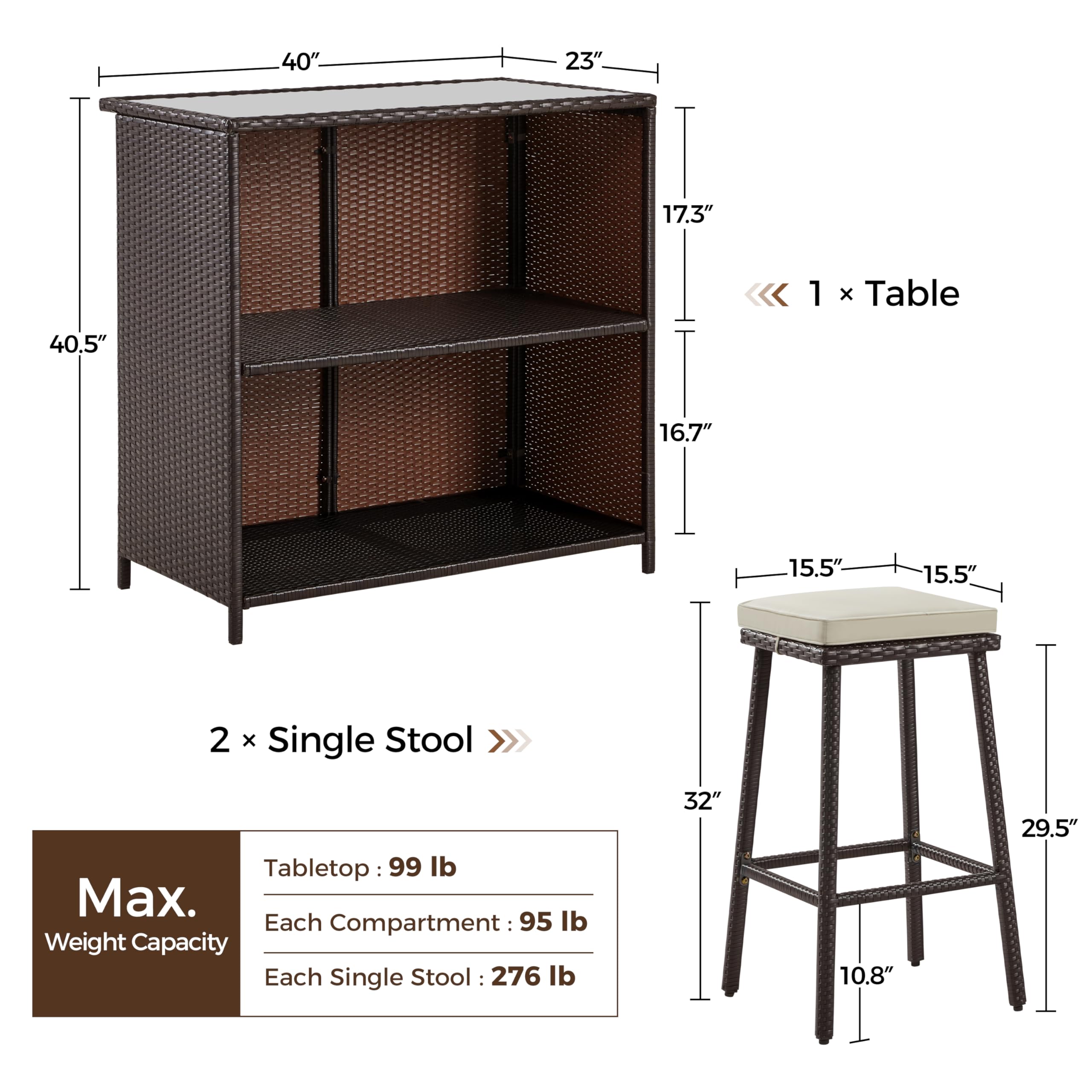 Yaheetech 3-Piece Outdoor Bar Set with 2 Stools - Wicker Patio Furniture with Glass Top Table, Storage Shelves & Cushions - Brown/Khaki - Perfect for Backyard, Garden, Poolside & Outdoor Entertaining