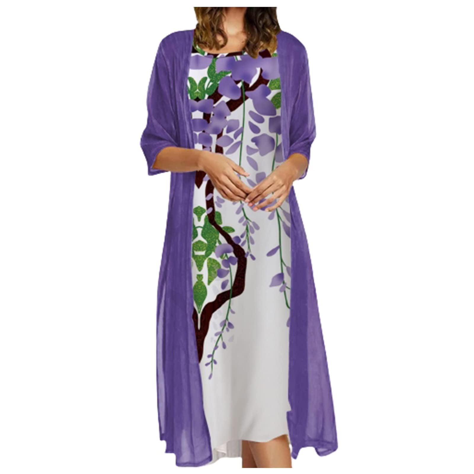 LIUguoo Women's Floral Two Piece Dress Set - Summer Chiffon Long Cardigan & Sleeveless Maxi Dress for Wedding Guest, Beach Vacation, and Casual Outings