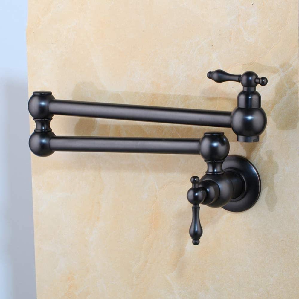 360 Degree Swivel Black Solid Brass Wall Mounted Kitchen Sink Faucet - Single Cold Water Folding Tap for Modern Home, Restaurant & RV Use