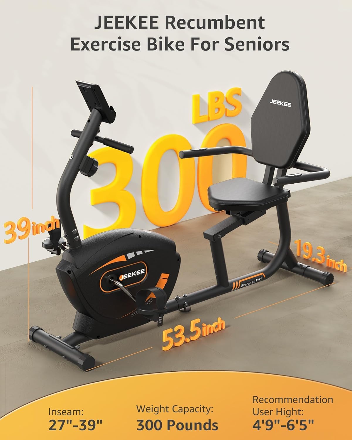 **JEEKEE Recumbent Exercise Bike for Seniors & Adults - 300LB Weight Capacity, 16-Level Magnetic Resistance, Heart Rate Monitor - Home Gym Equipment for Low-Impact Workouts & Physical Therapy**