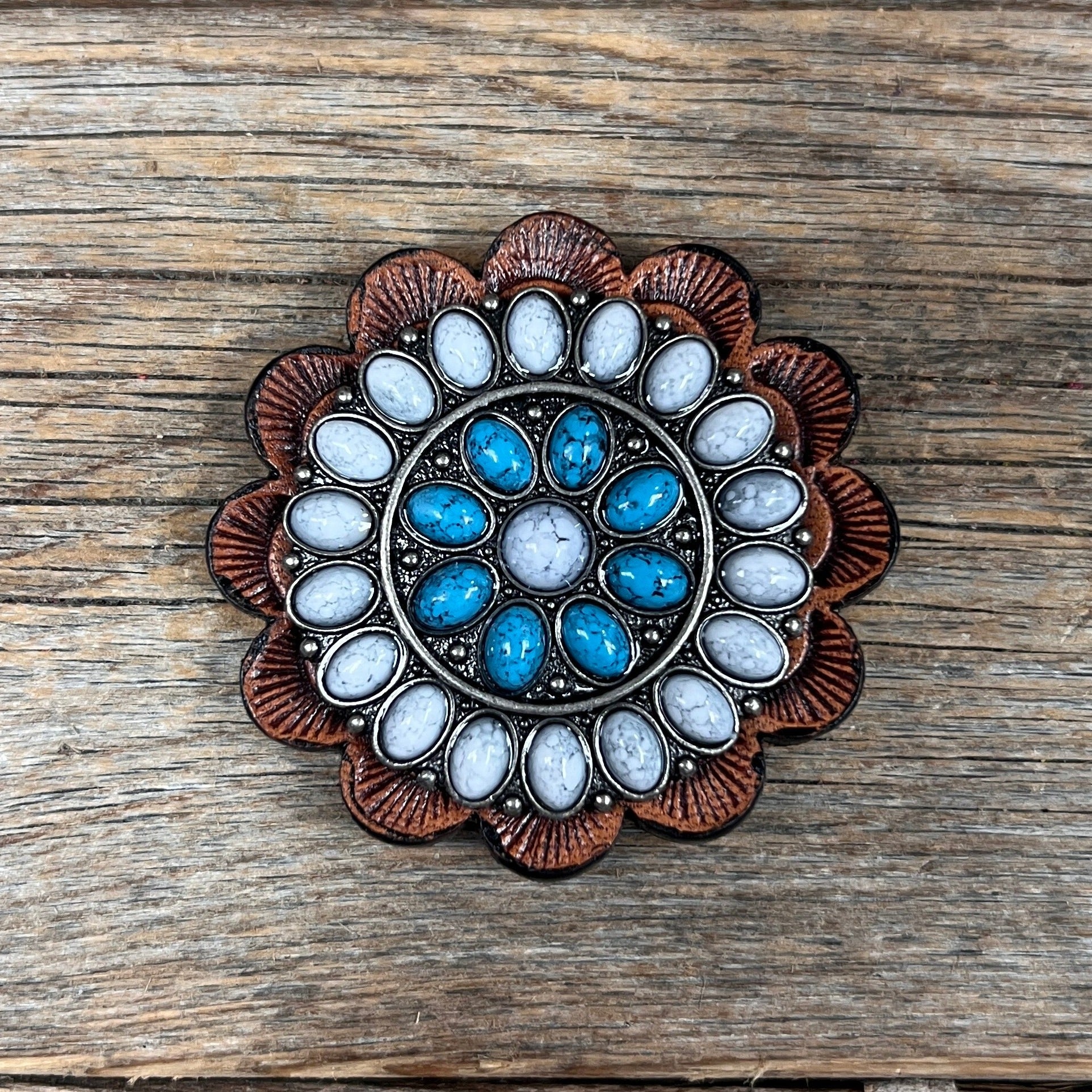Blue and White Turquoise Western Concho Belt Buckle W212 - Handmade Native American Style Jewelry for Cowboy Boots, Western Fashion & Boho Accessories