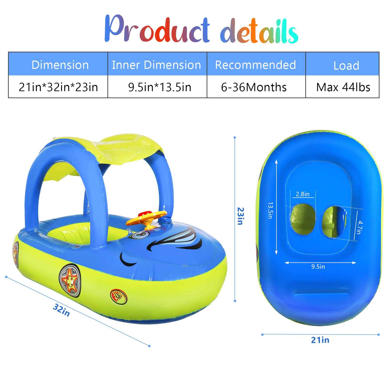 Baby Pool Float with UPF 50+ Canopy - Car Shaped Toddler Swim Float Boat, Infant Swim Ring for Summer Pool & Beach Play, Outdoor Water Fun for Kids