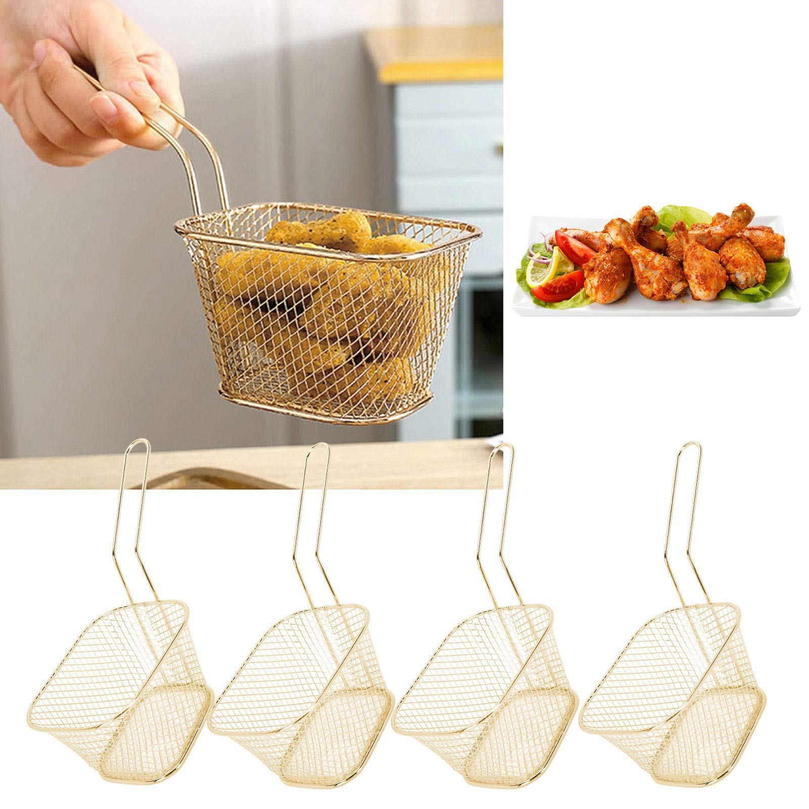 4-Piece Stainless Steel Frying Basket Set - Multi-Functional Deep Fryer Basket for French Fries, Onion Rings, Chicken Wings (Gold) - Perfect for Home Kitchens, Restaurants & Outdoor Cooking