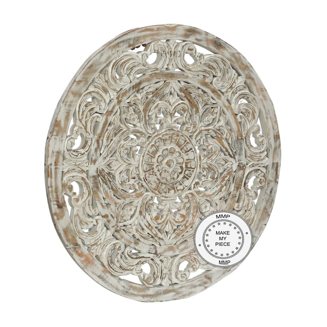 Handcrafted Dynasty Oriental Furniture Round Carved Panel Bedhead in Whitewash Finish - Perfect for Bedroom Decor, Asian-Inspired Home Interiors & Feng Shui Bedroom Design