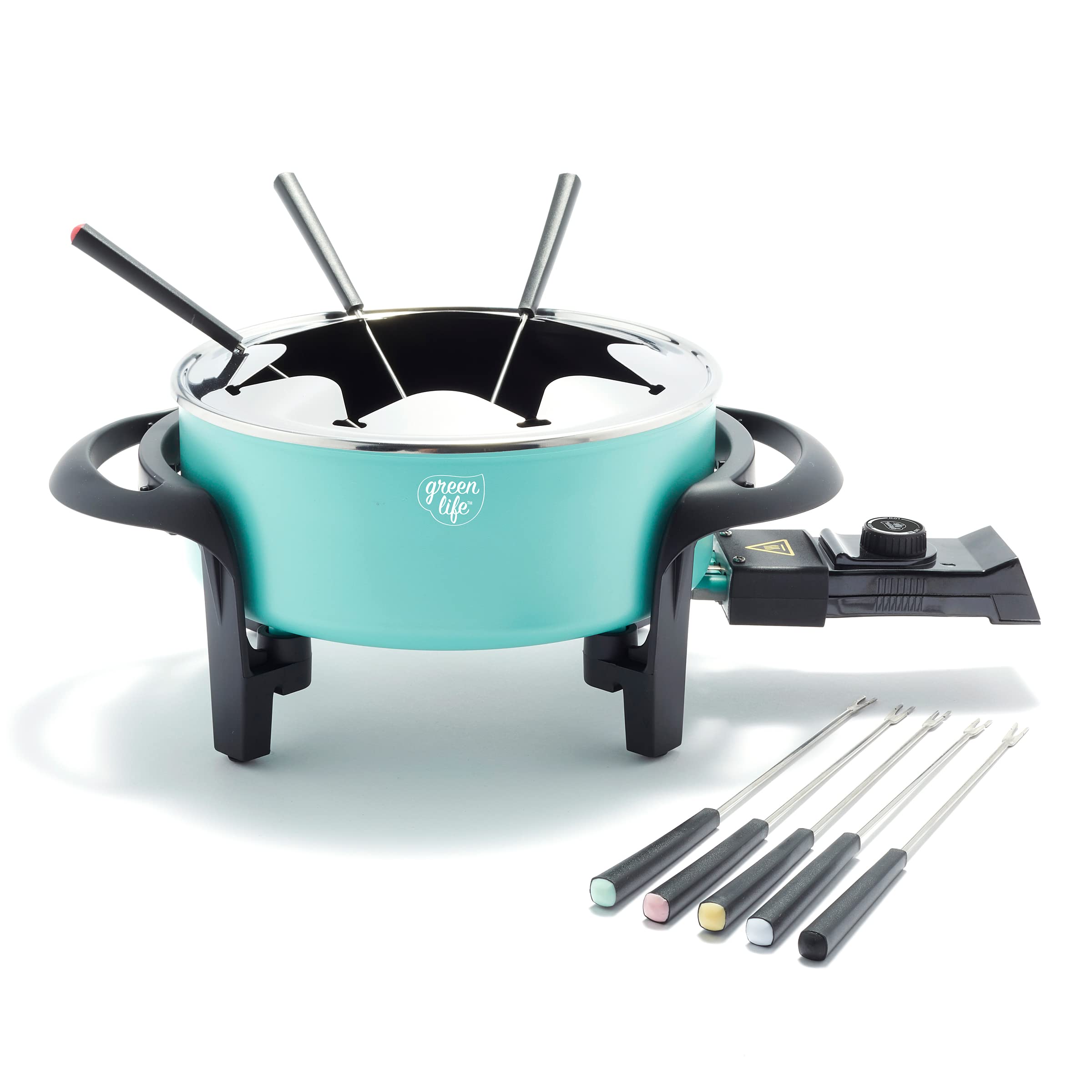 GreenLife 14 Cup Electric Fondue Pot Set for Cheese, Chocolate & Meat - 8 Color Coded Forks, Ceramic Nonstick Coating, Adjustable Temp Control, PFAS-Free, Turquoise - Perfect for Parties, Date Nights & Family Gatherings