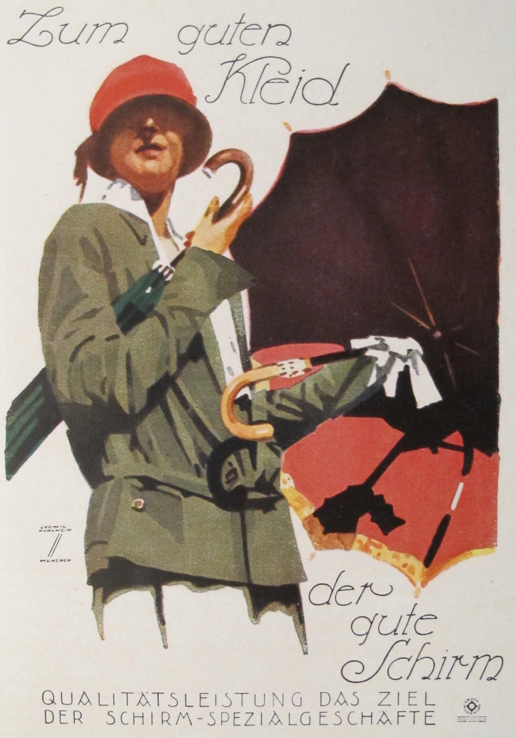 1927 Original German Art Deco Poster - Zum Guten Klein (Lady with Umbrella) - Vintage Wall Art for Home Decor & Office