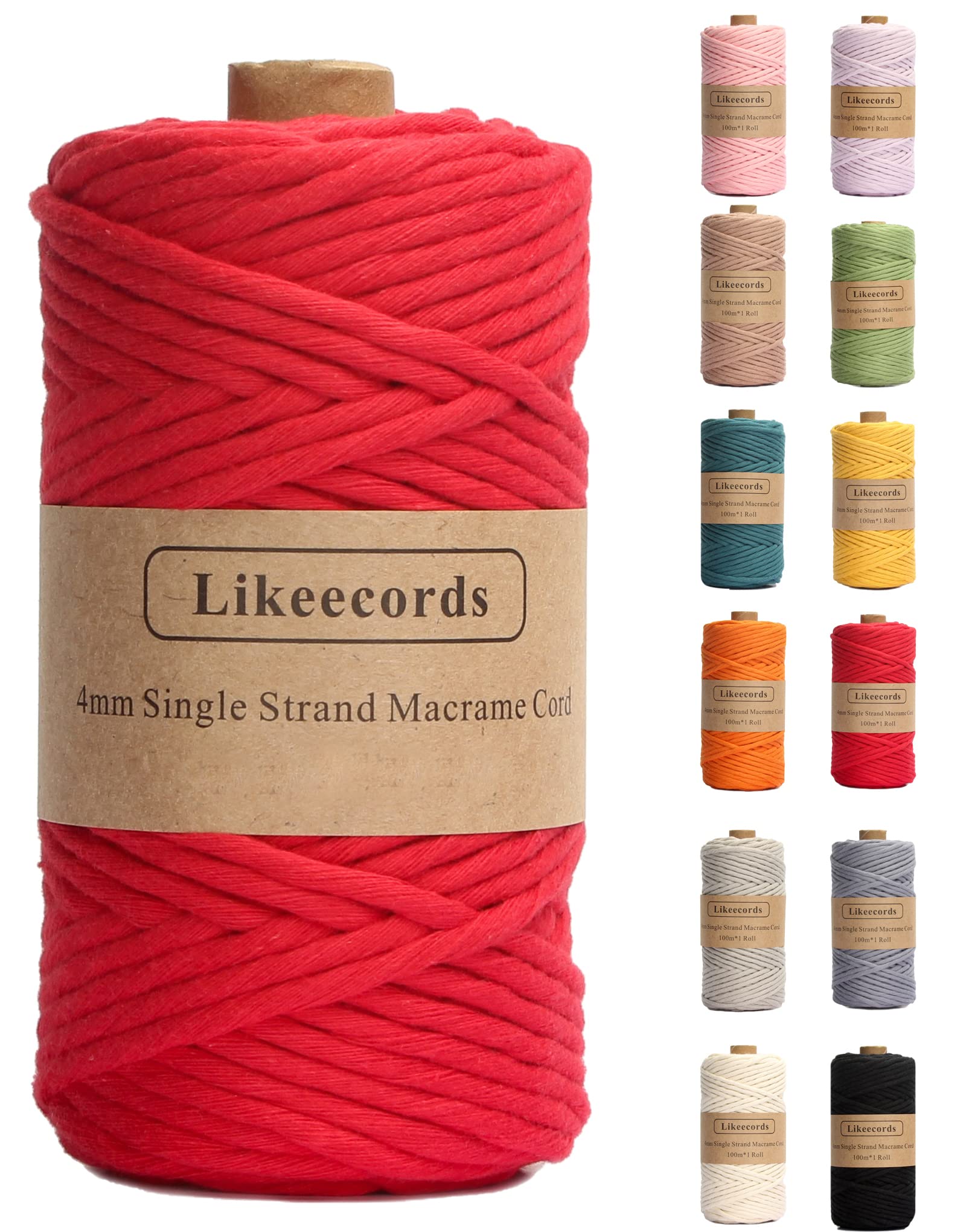 4mm Single Strand Macrame Cord - 80m Colored Cotton Rope for DIY Wall Hangings, Plant Hangers, Jewelry Making & Home Decor Crafts (Red) | Premium Macrame Yarn for Bohemian Style & Handmade Projects