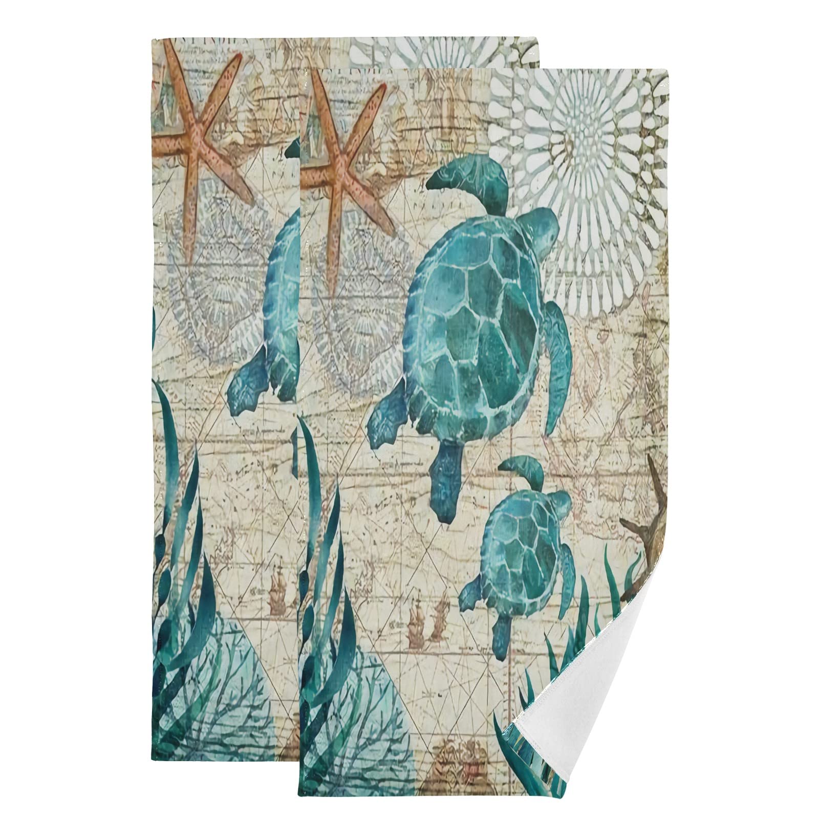 KFBE Sea Turtle Family Bath Towels Set of 2 - Super Soft Absorbent Quick-Dry Washcloths & Hand Towels for Bathroom, Kitchen, Beach, Shower | Perfect for Spa Day, Poolside Lounging & Coastal Home Decor