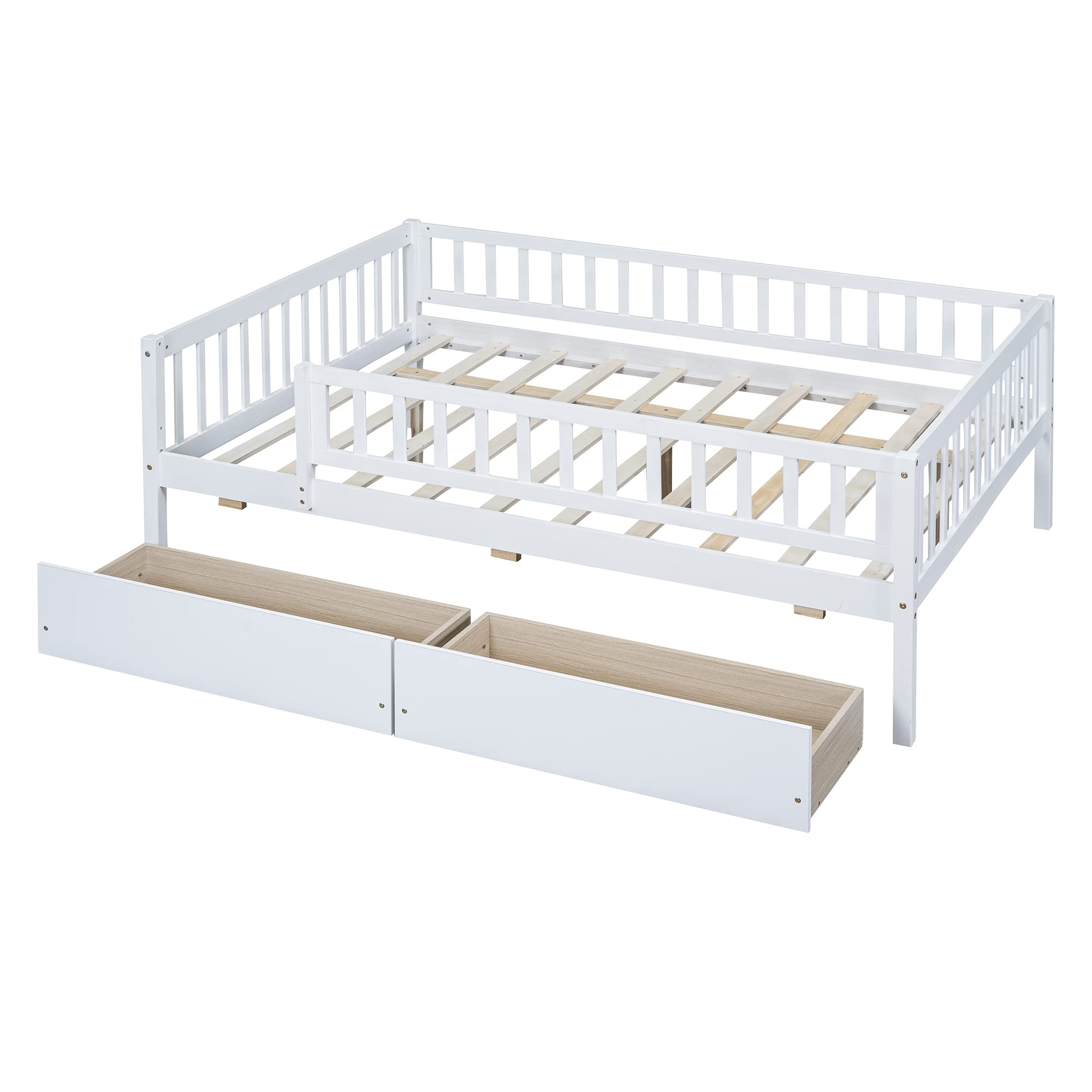 DEINPPA Full Size Wooden Bed Frame with Storage Drawers - Kids Daybed with Slats for Toddlers, Boys & Girls - White | Perfect for Small Bedrooms, Guest Rooms & Kids' Dorm Storage Solutions