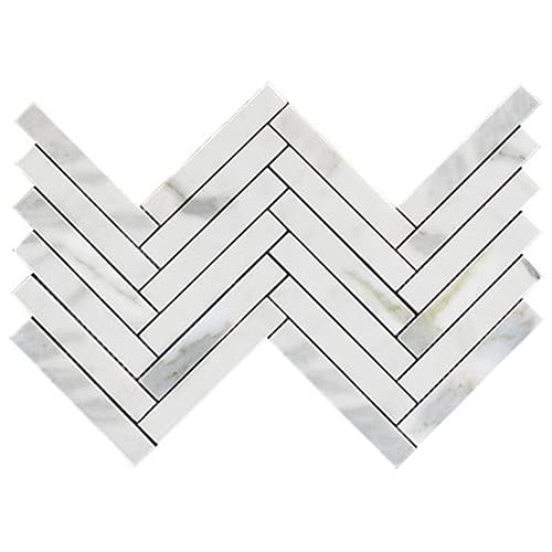 Premium Calacatta Gold Marble 1x6 Inch Herringbone Mosaic Tile - Honed Finish - 10 Square Feet Coverage - Perfect for Kitchen Backsplash, Bathroom Walls & Flooring - Jersey Tile Depot