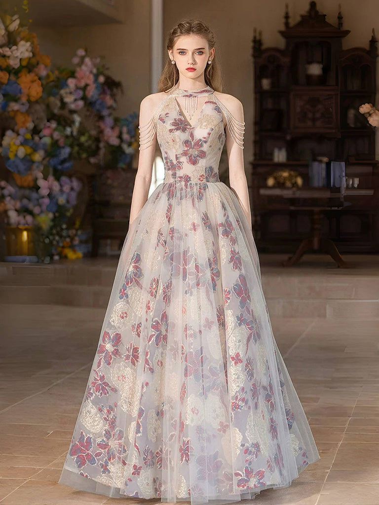 Elegant A-Line Tulle Lace Light Champagne Long Prom Dress | Lace Evening Gown for Formal Events | Perfect for Homecoming, Wedding, and Special Occasions