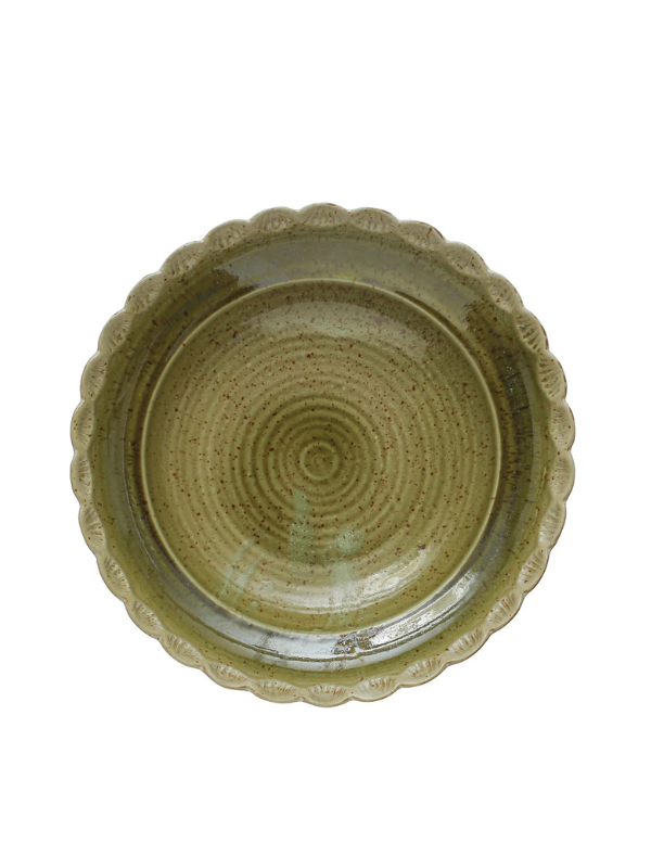 Handmade Green Stoneware Bowl with Scalloped Edge - Eco-Friendly Ceramic Serving Dish for Salads, Soups & Home Decor - Perfect for Dinner Parties & Farmhouse Style Kitchens