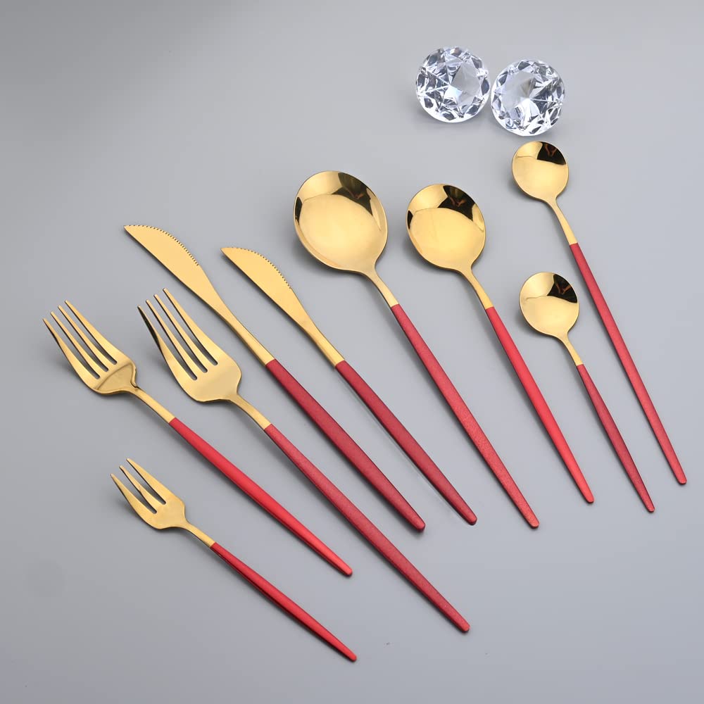 Premium 18/10 Stainless Steel Steak Knife Set - 6-Piece Mirror Finish Flatware with Red Gold Handle (8.66