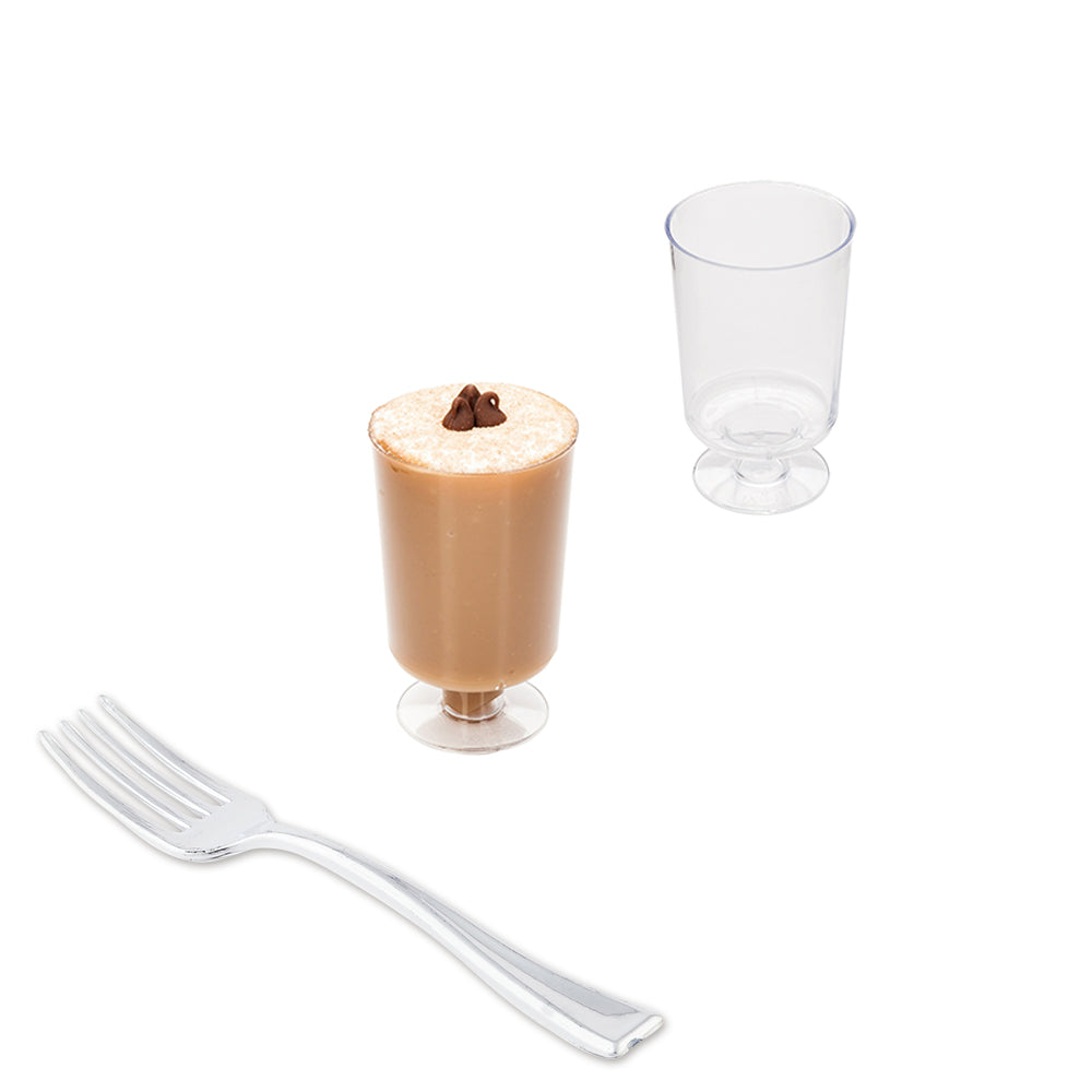 100-Pack 1 oz Clear Plastic Disposable Cups & 100 Silver Mini Plastic Forks - Perfect for Airline Travel, Parties, and Events