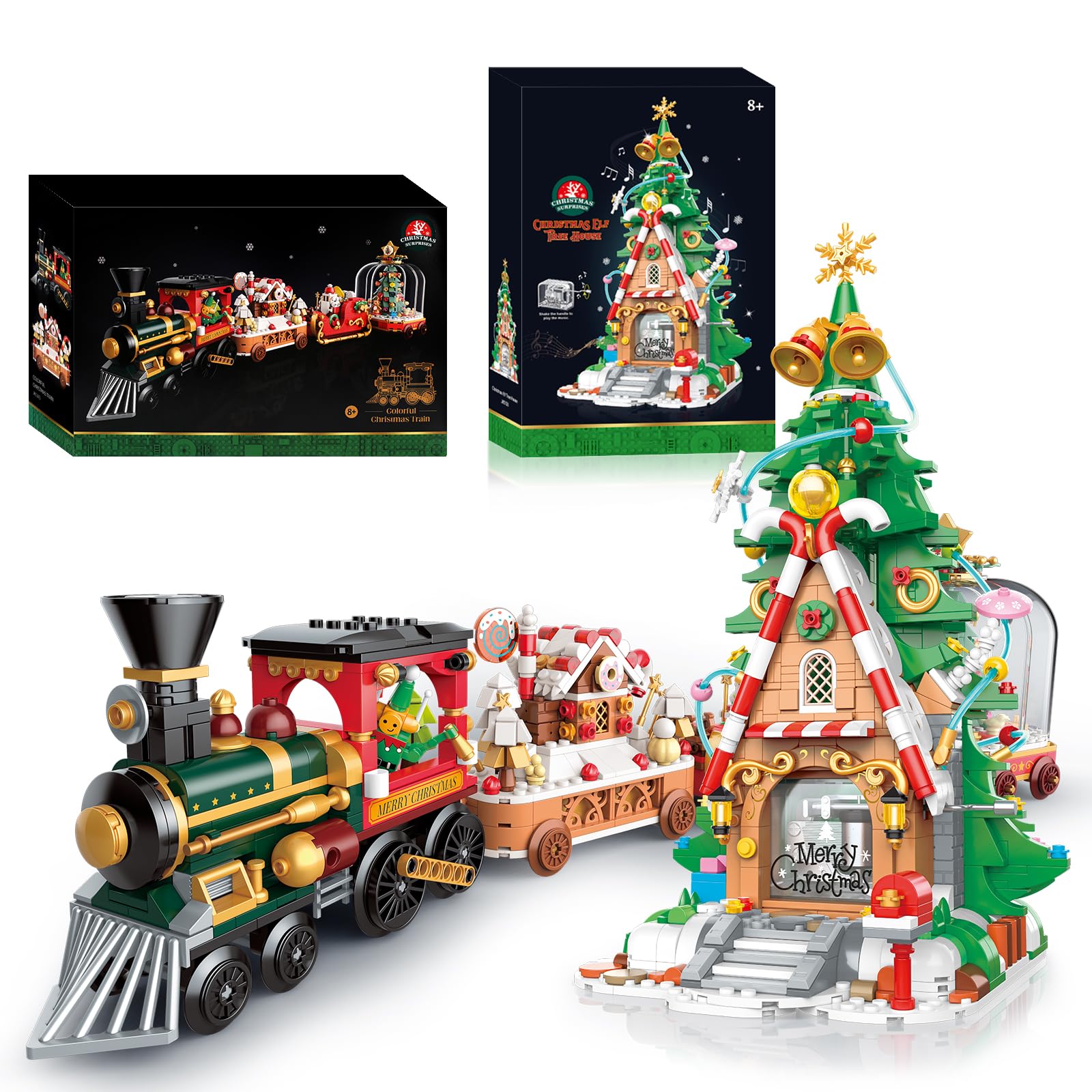 YESHIN 1056-Piece Christmas Tree House Music Box & 1000-Piece Christmas Train Building Blocks Set - Lego-Compatible Holiday Toys for Kids, Boys, Girls & Adults | Perfect for Christmas Decorations, Gift Giving & Family Bonding Activities