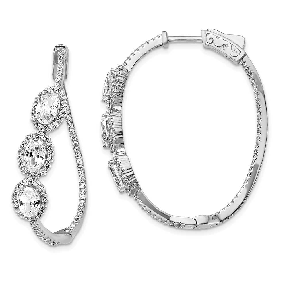 Elegant Sterling Silver Polished Curved Oval Halo CZ Hoop Earrings for Women | Oval Drop Dangle Earrings for Party, Wedding & Everyday Wear