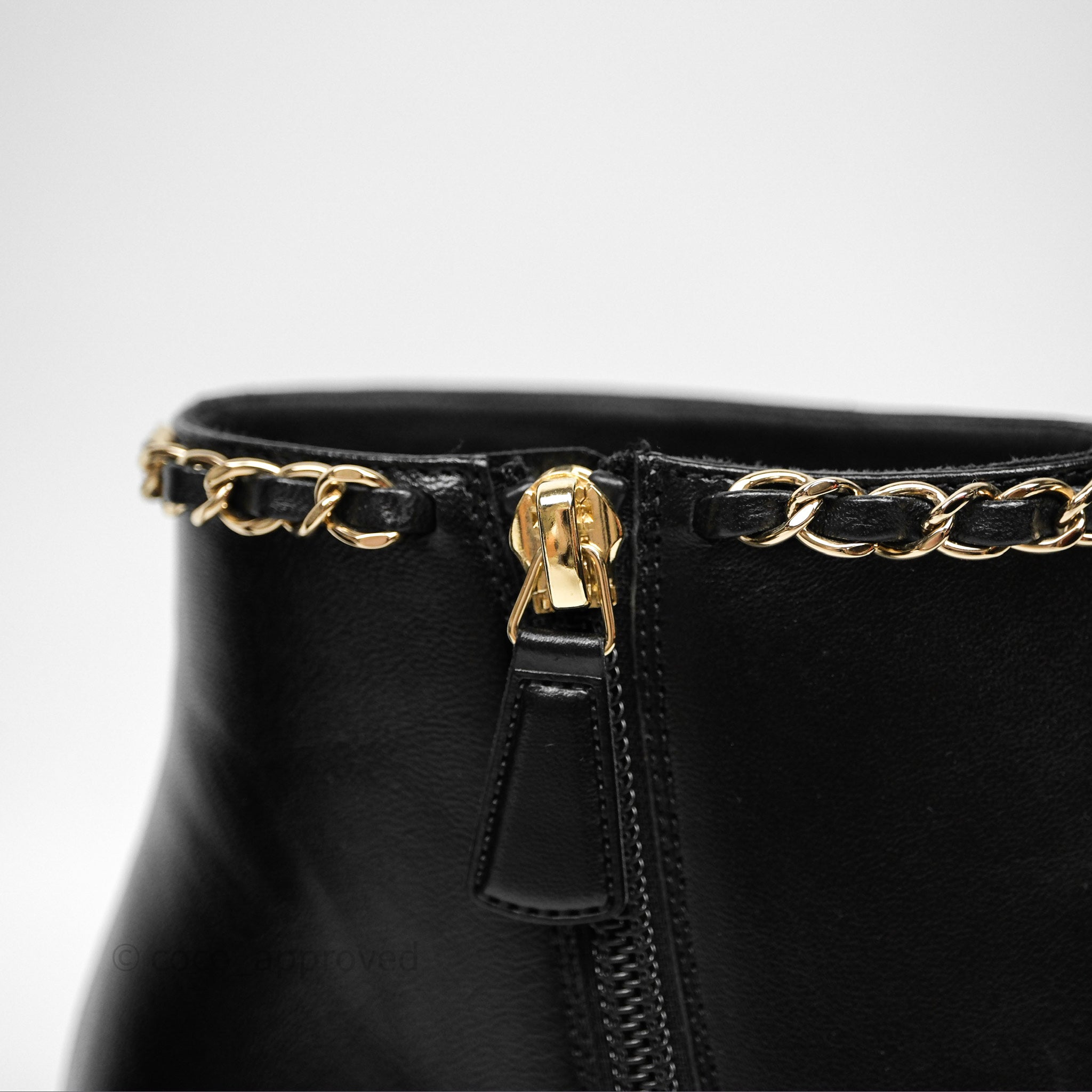 Chanel Black Cap Toe Chain Ankle Boots - Genuine Lambskin Leather Size 36.5 EU (Women's US 6.5) - Luxury Fashion Boots for Evening Parties & Date Nights