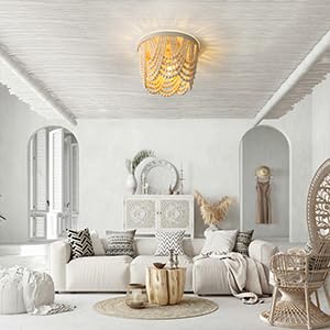 Bohemian Wood Beaded Chandelier - 3 Light Recessed Mount Ceiling Lamp in Antique Rustic Finish | Perfect for Dining Room, Bedroom, Nursery, Hallway & Entryway Decor | Creates Cozy Bohemian Ambiance