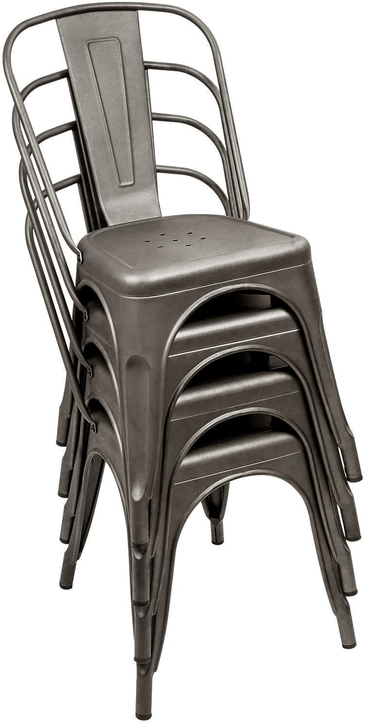 Furniwell 4-Piece Stackable Metal Dining Chairs Set - Indoor Outdoor Use, Industrial Tolix Style for Kitchen, Dining Room, Bistro & Cafe - Gun Metal Finish | Perfect for Home, Restaurant & Commercial Use