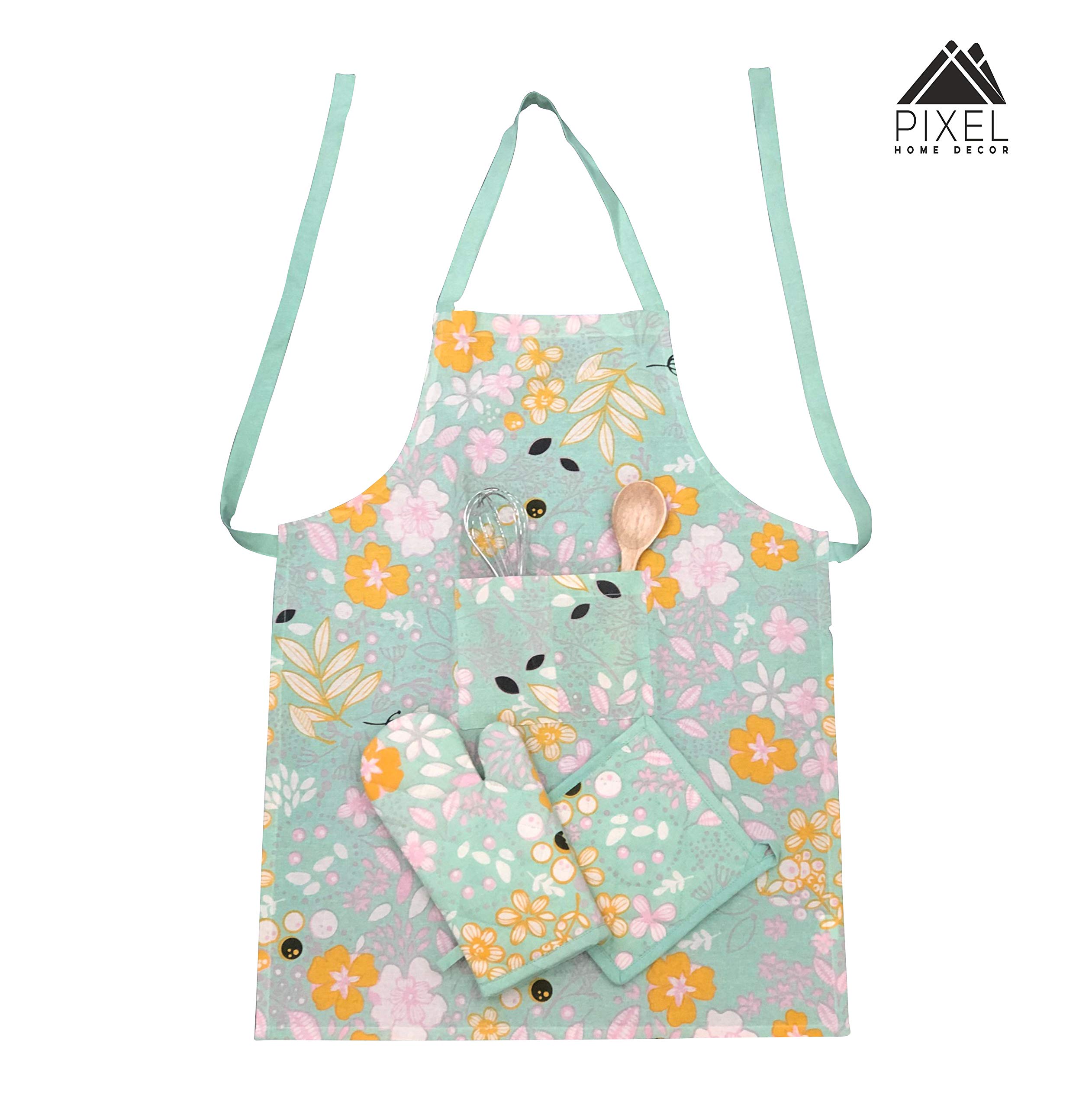 Organic Cotton Floral Print Apron Set with Oven Mitt & Pot Holder - Green | Kitchen Cooking Baking BBQ Accessories for Women & Men | Perfect for Home, Restaurant & Outdoor Grilling