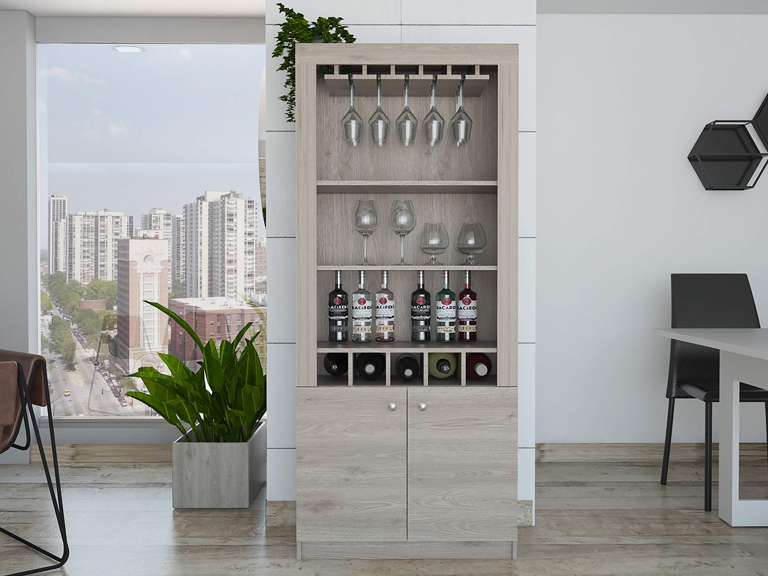 Tuhome Montenegro Bar Cabinet Light Grey - Modern Wine Storage & Display Cabinet for Living Room, Dining Room, or Home Bar