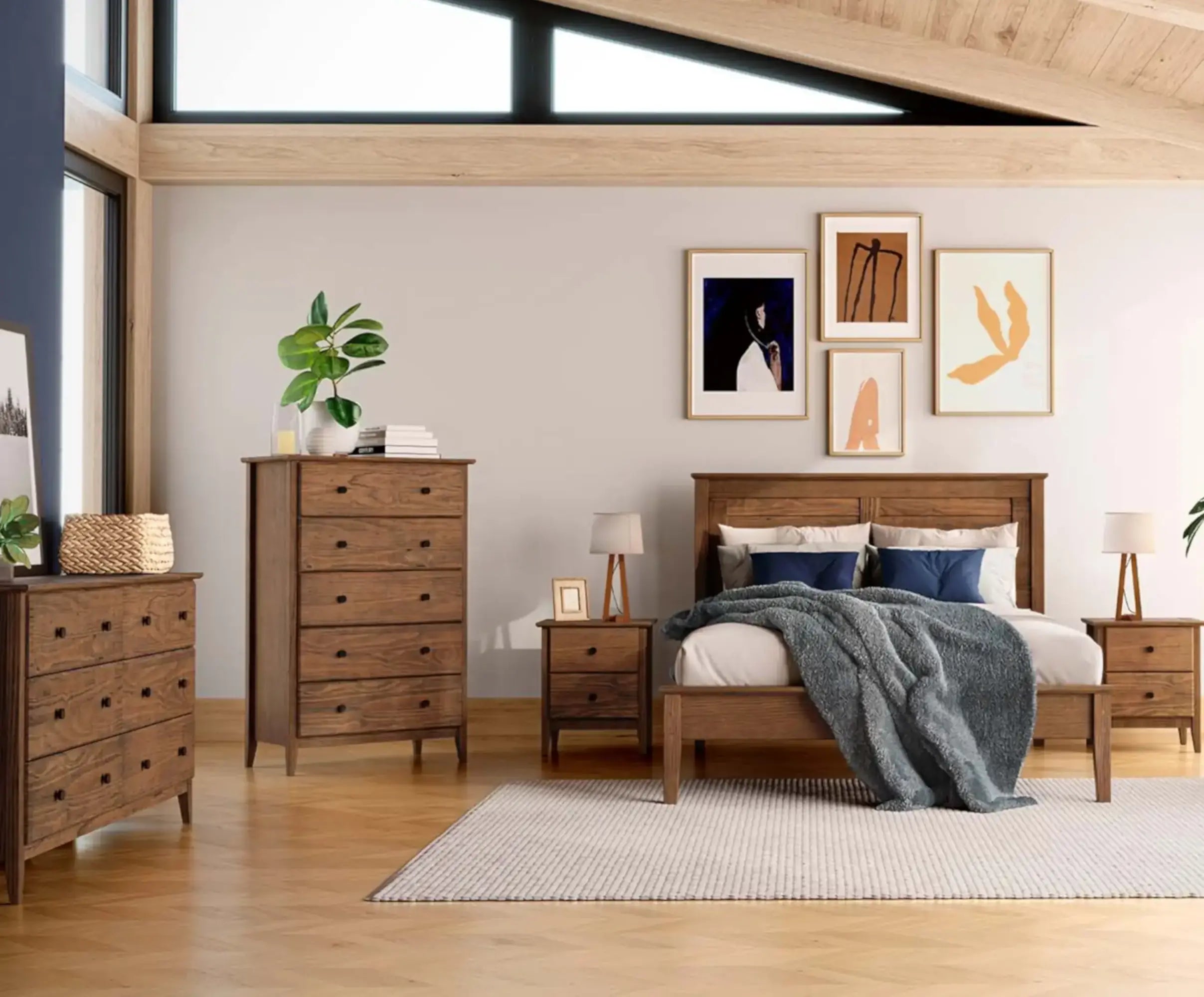 Greenport 5-Piece Bedroom Set - Queen Size Bed Frame, Nightstand, Dresser & Mirror - Modern Farmhouse Furniture for Master Bedroom or Guest Room