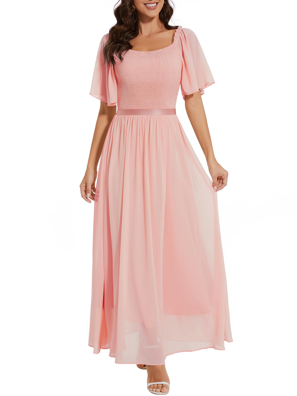 Elegant Women's Short Sleeve Chiffon Maxi Dress for Wedding Guest, Cocktail Party & Summer Occasions - Flowy Smocked Midi Dress for Beach, Vacation & Special Events