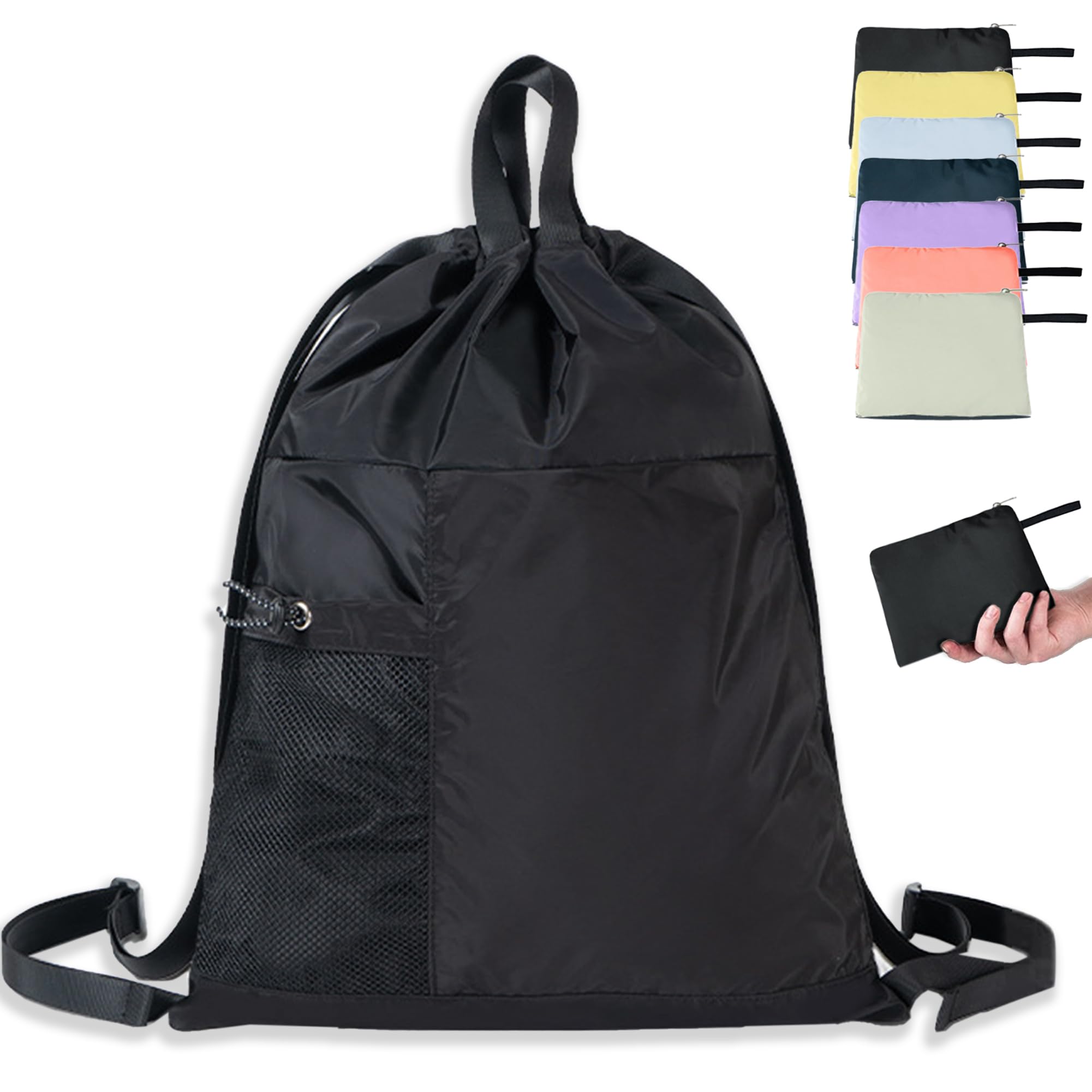 Foldable Travel Backpack - 14L Lightweight Waterproof Drawstring Gym Bag for Hiking, Swimming & Sports with Zipper Pockets & Mesh Bottle Holder - Perfect for Outdoor Adventures, Gym Workouts & Daily Commute (Black)