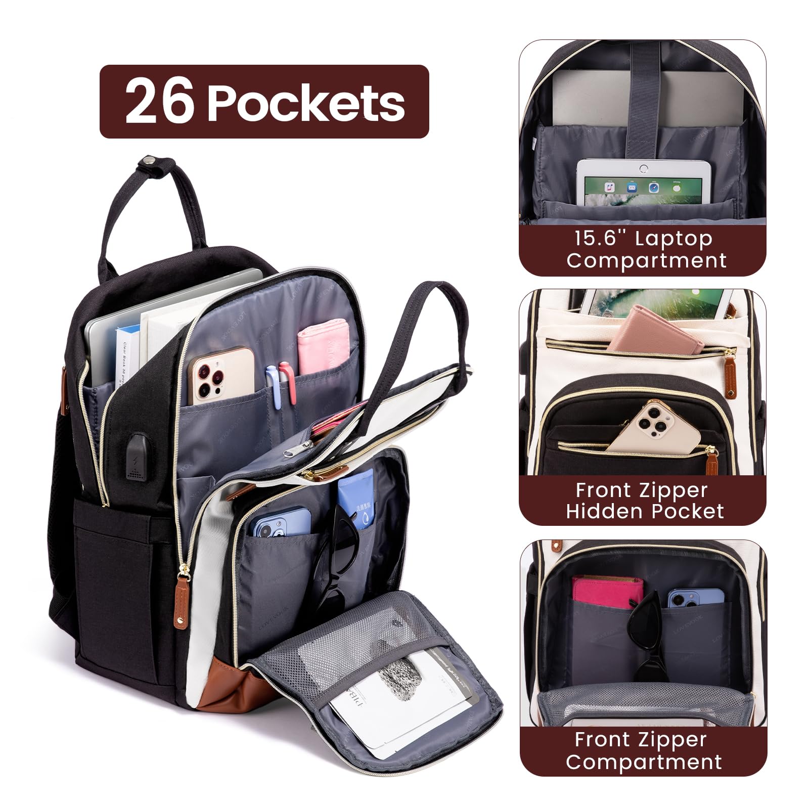 LOVEVOOK Women's Anti-Theft Laptop Backpack - 15.6 Inch Waterproof Computer Bag for Work, School & Travel | Stylish College Backpack Purse in Beige, Black & Brown | Perfect for Business Commute, Campus Life & Weekend Getaways