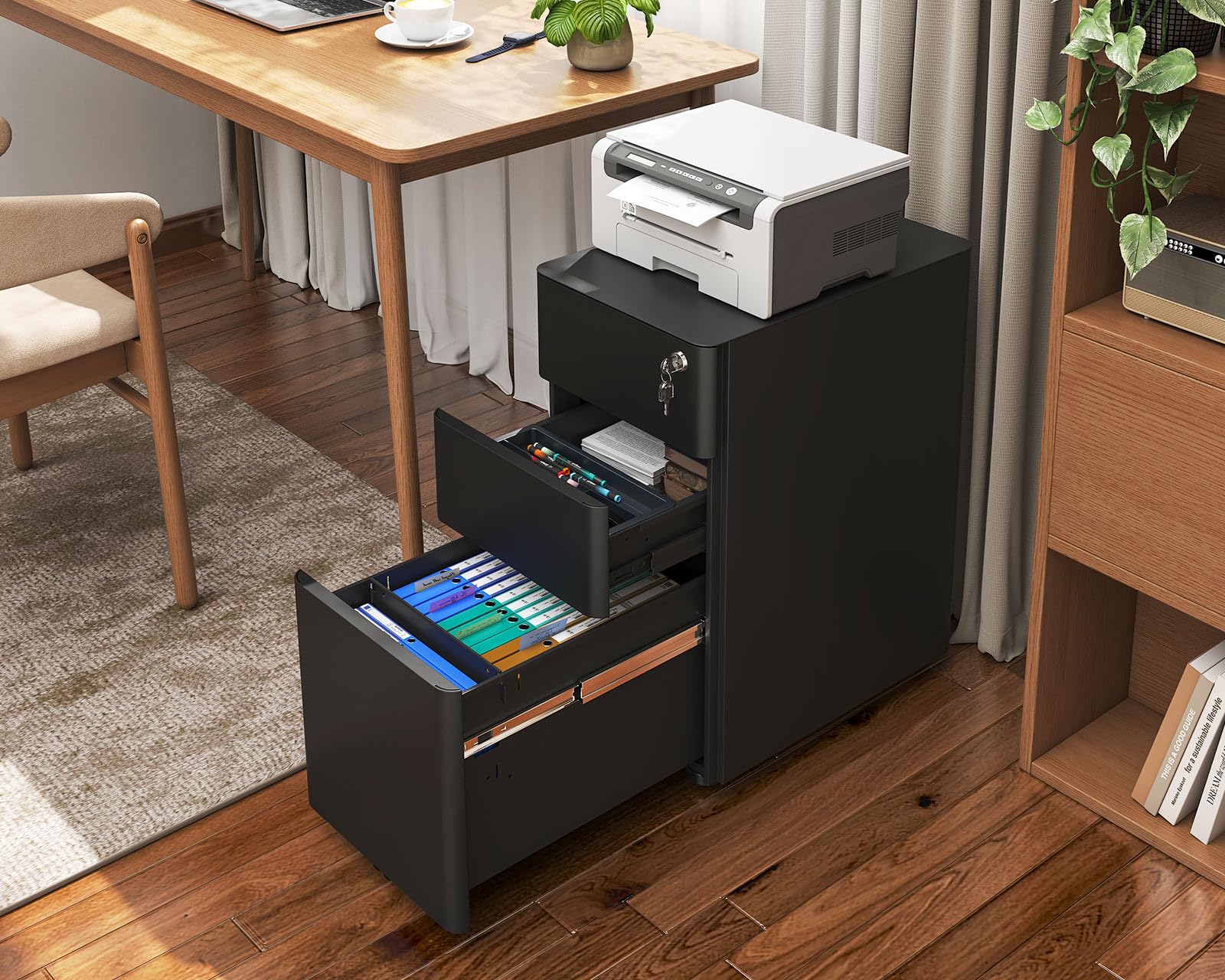 AODK 3-Drawer Rolling File Cabinet with Lock - Fully Assembled Mobile Storage for A4, Legal & Letter Files - Black - Perfect for Home Office, Small Business & Workspace Organization