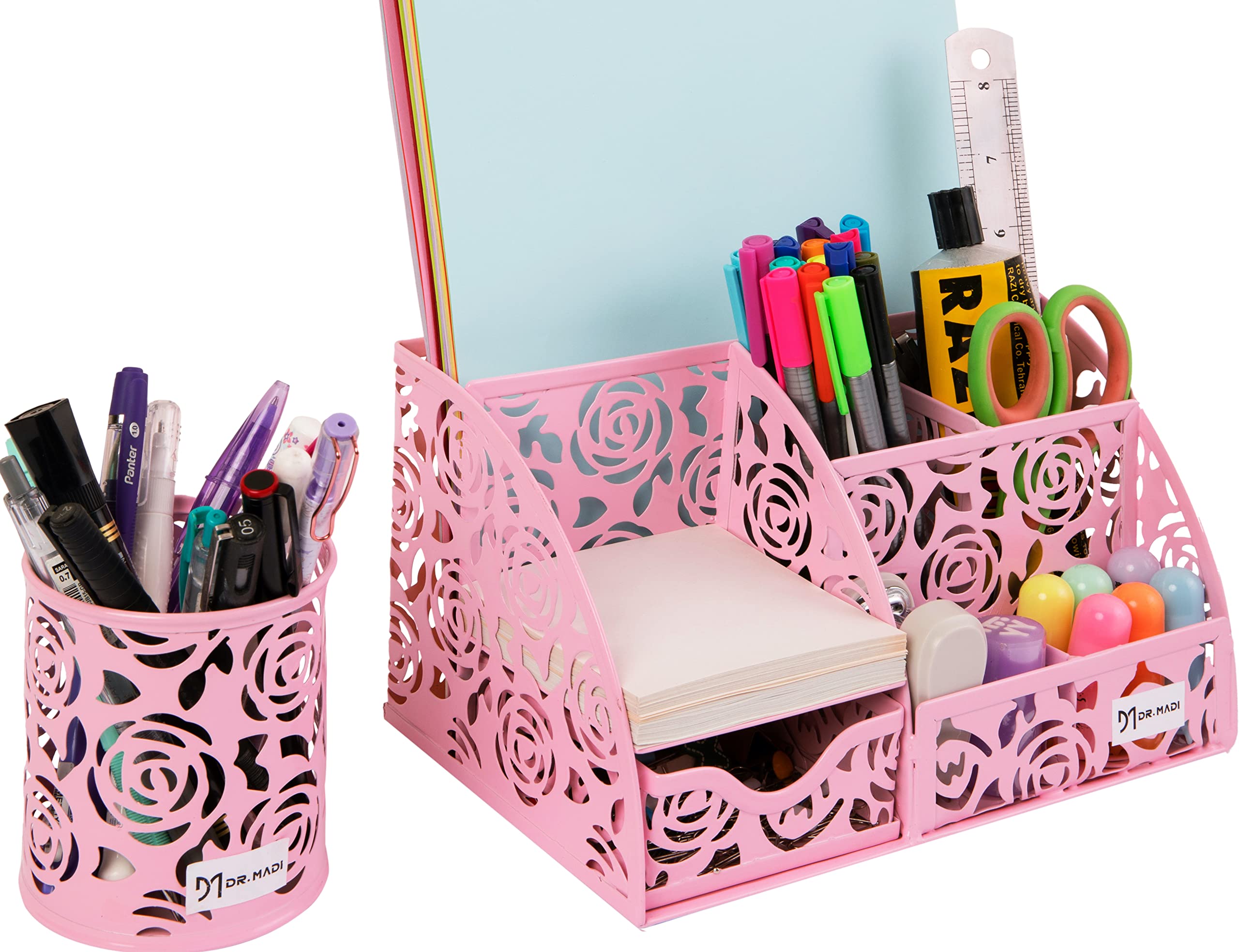 Dr. Madi Pink Rose Metal Desk Organizer with Pen Holder - Stylish Desktop Storage Caddy for Girls, Women & Kids - Perfect for School, Office & Home Workspace Organization