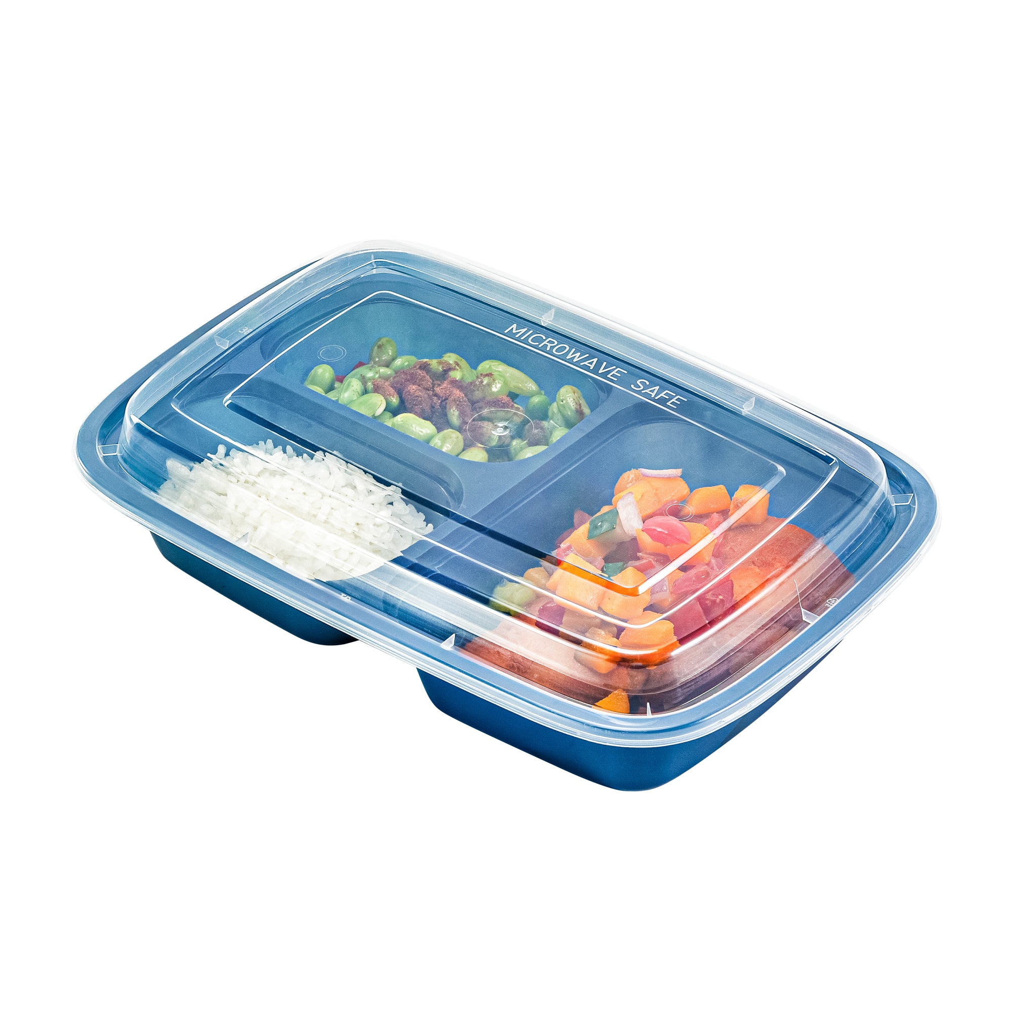 Asporto 26 oz 3-Compartment Plastic Food Storage Containers with Clear Lids - Microwave Safe, BPA Free (8.75